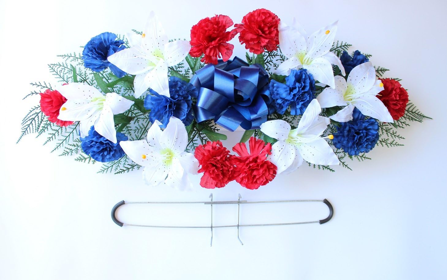 28-inch Patriotic Headstone Artificial Carnation and Lily Spray with Wire Saddle Blue Ribbon