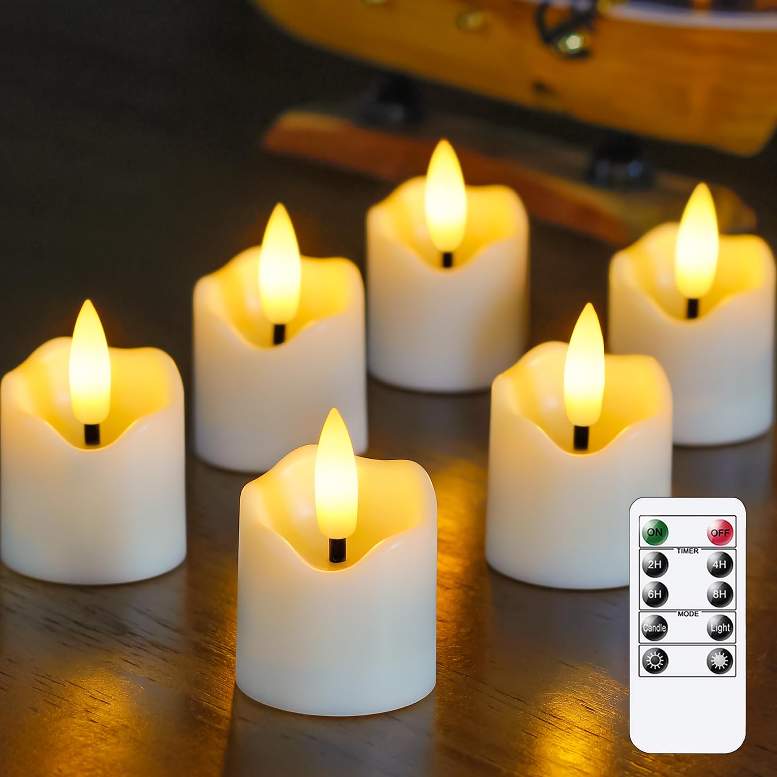 Wroxipel 6 Pack Battery Operated Auto Daily Timer Ivory Plastic Flameless Votive LED Candles, Long Runtime 4cm x6cm Flickering Tealight Candles with Remote Control