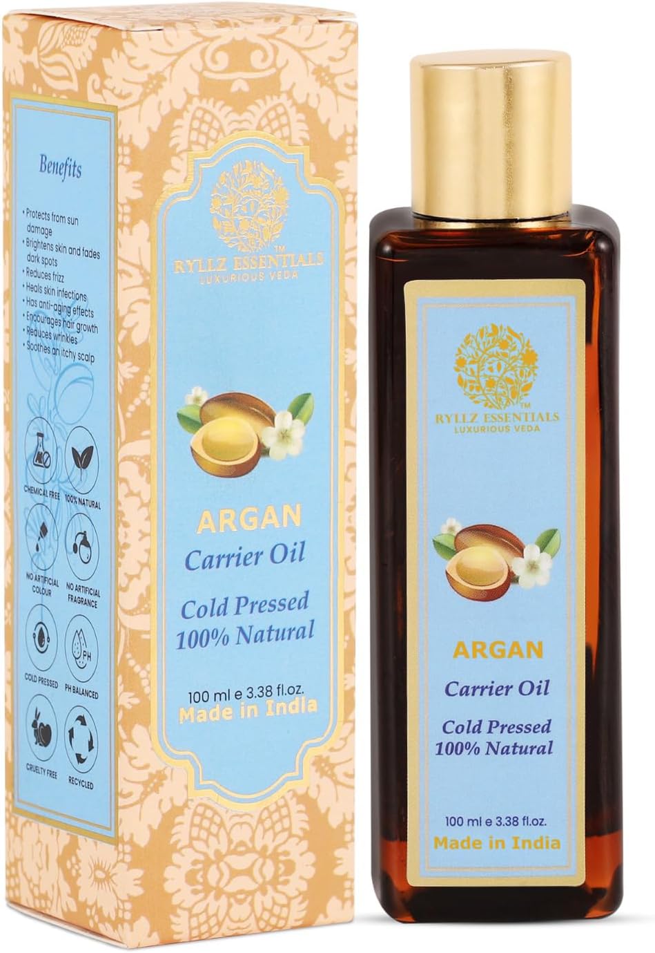 RYLLZ ESSENTIALS Argan Carrier Oil | For Frizzy, Dry & thin, Hair Growth, Hair Fall Control | Light Oil for styling | 100% Pure & Natural | Cold Pressed & Extra Virgin | 100ml