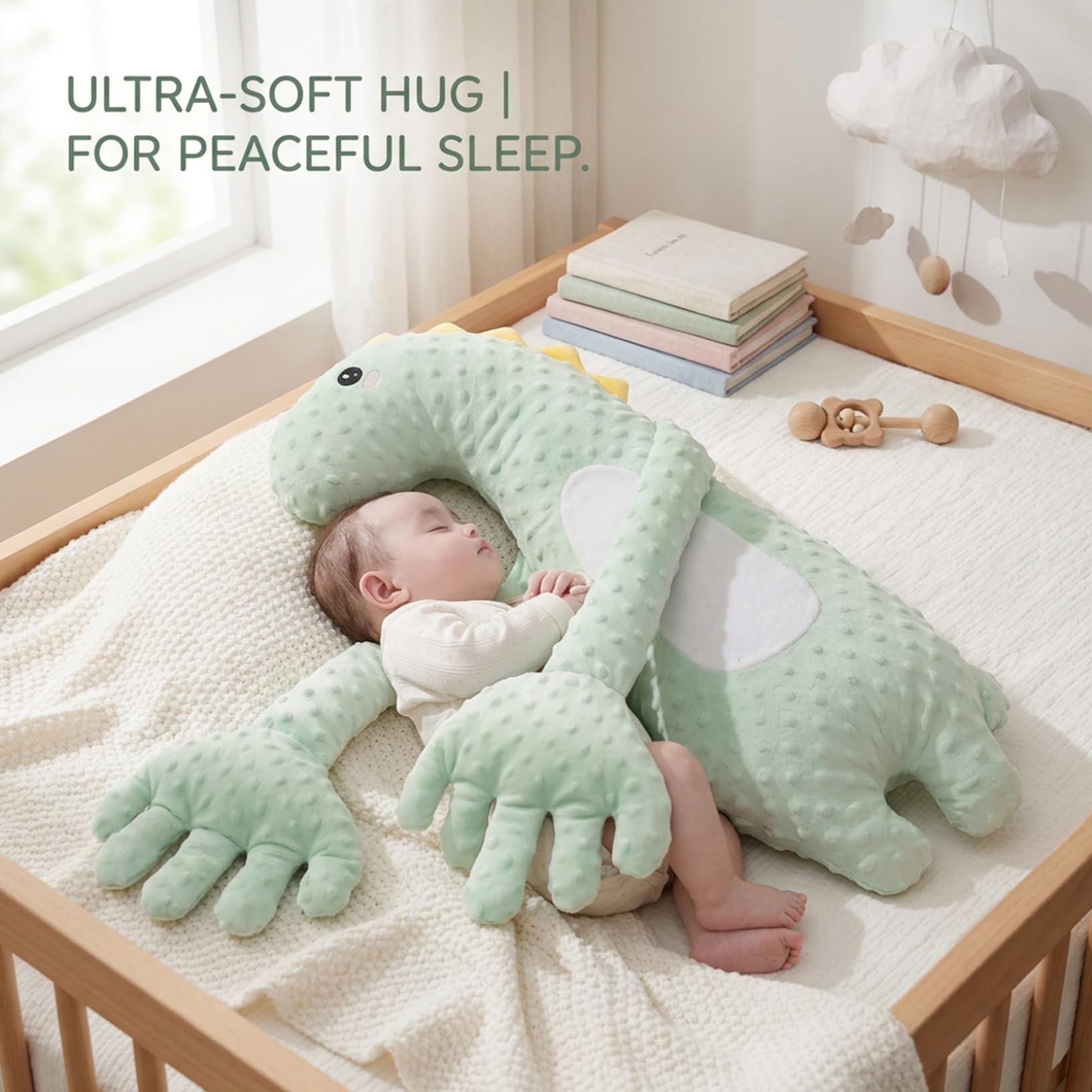 Che accarezza la mano per far dormire il bambino - Cuscino che accarezza il bambino con dinosauro verde Cuscino lenitivo intelligente con tocco delicato e timer, ausilio per sonno portatile dei ne