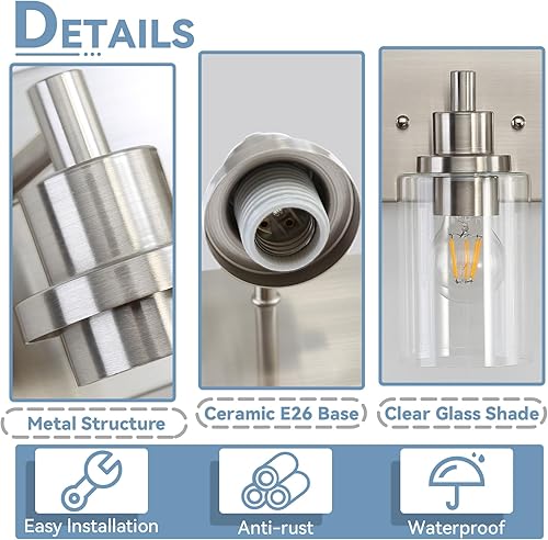 Miniatura 8 de LOUSACE Lámpara de tocador de baño de 4 luces de níquel cepillado, accesorios de iluminación de baño con pantallas de vidrio transparente sobre