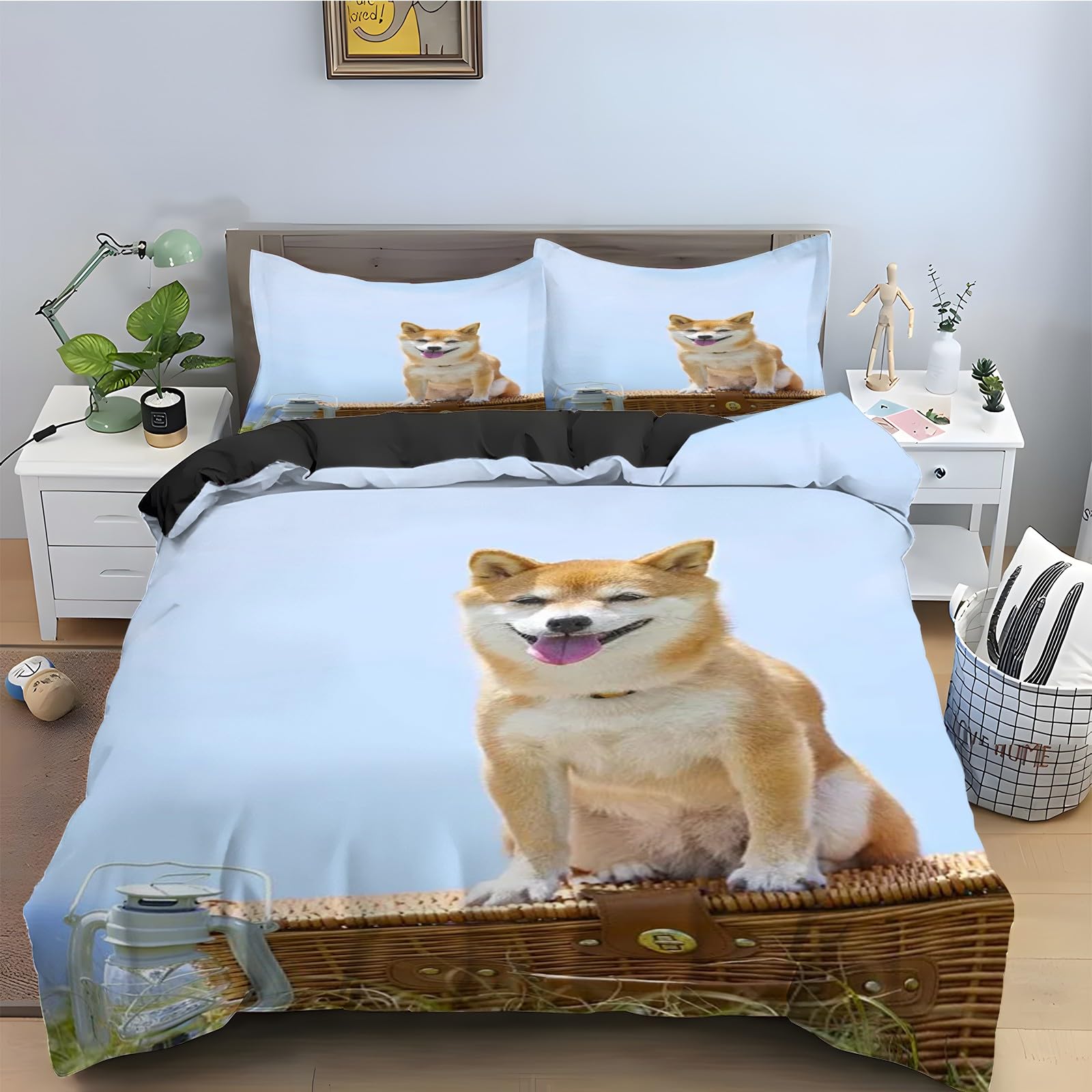 Ensemble de Literie 3 Pièces Corgi avec housse couette microfibre douce et fermeture éclair