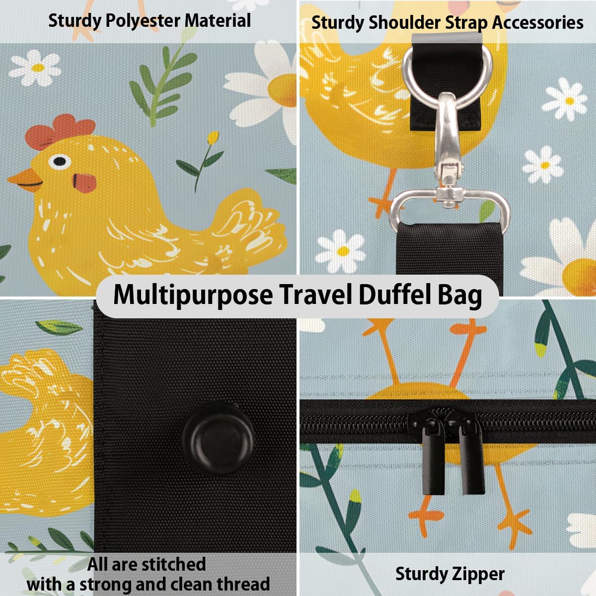 Chicks Flowers Travel Duffel Bag for Women Men Large Capacity Overnight Weekender Bags for Lightweight Waterproof Sport Gym Bag for Workout Yoga Swim
