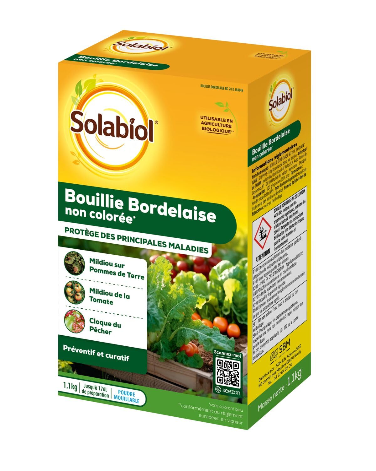 SOLABIOL Bouillie Bordelaise - Fongicide Polyvalent 176L de Solution 1,1kg | Traitement Préventif & Traditionnel - Mildiou, Tavelure, Cloque du Pêcher - Non Colorée - SOBOU11N