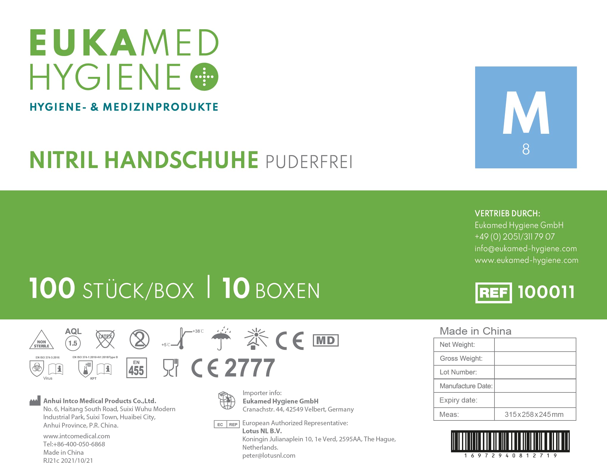 Nitril-Handschuhe M, 1000 Stück, puderfrei, latexfrei, hypoallergen, Lebensmittelhandschuhe, medizinische Einweghandschuhe (Karton mit 10 Pack á 100 Stück)(Größe M)
