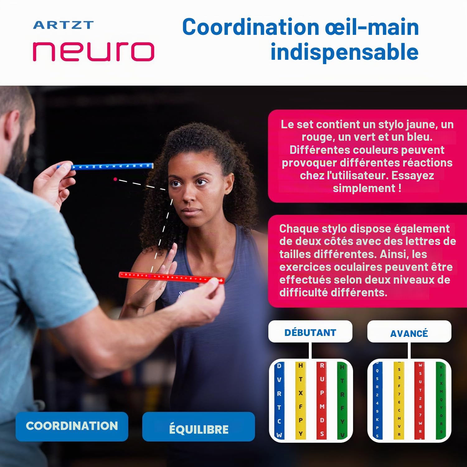Vision Stick Lot de 4 bâtons de focalisation pour entraînement neurocentré et neuroathlétisme | Entraînement des yeux pour améliorer la concentration, la coordination et la perception
