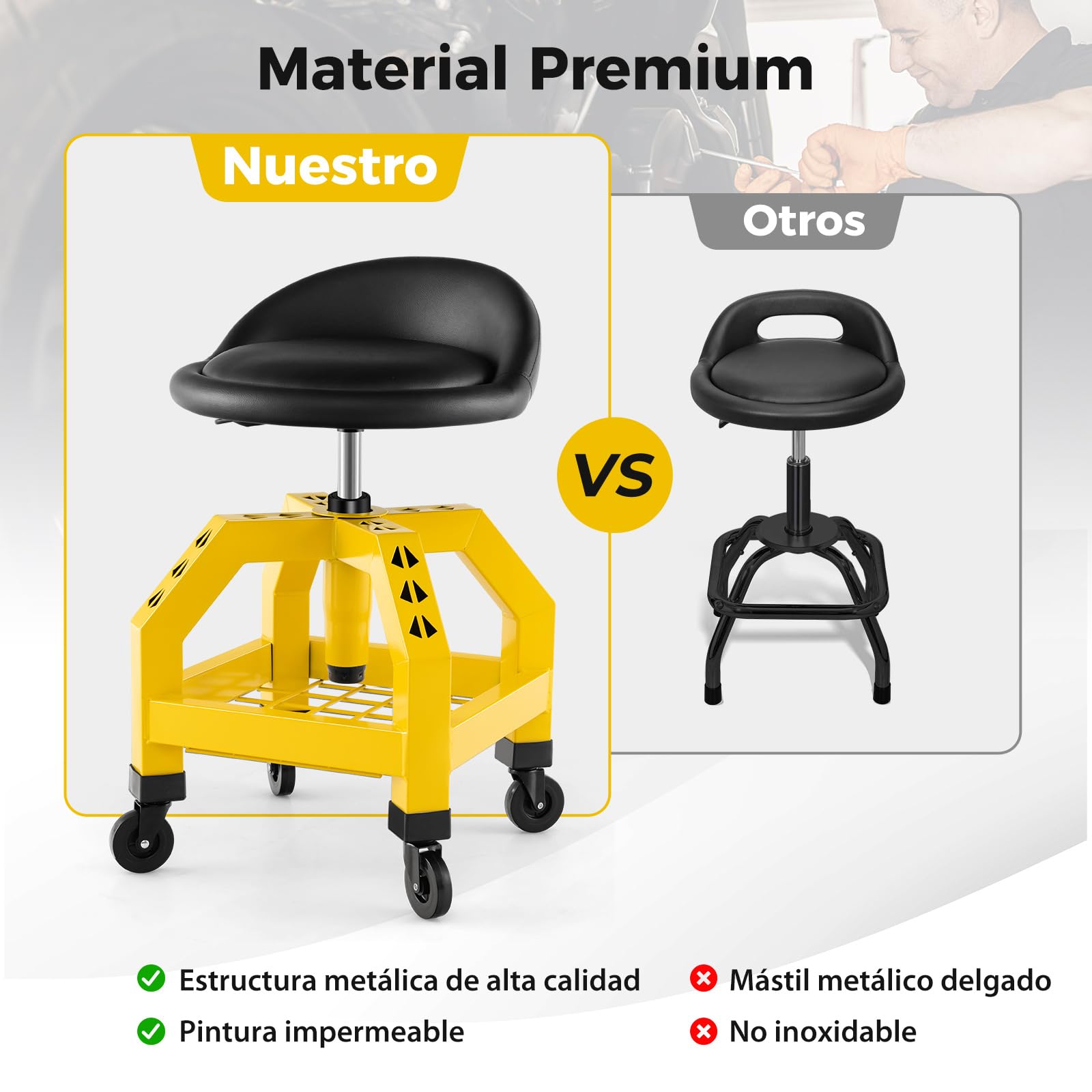 COSTWAY Taburete de Taller Rodante, Asiento de Mecánica Ajustable en Altura con Bandeja para Herramientas y 4 Ruedas Universales, Capacidad de 150 Kg, para Fábrica, Garaje y Taller (Amarillo)