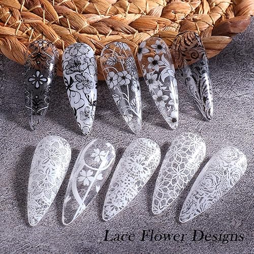 Miniatura 6 de Calcomanías de transferencia de papel de aluminio de encaje para decoración de uñas, calcomanías de transferencia de flores blancas y negras,