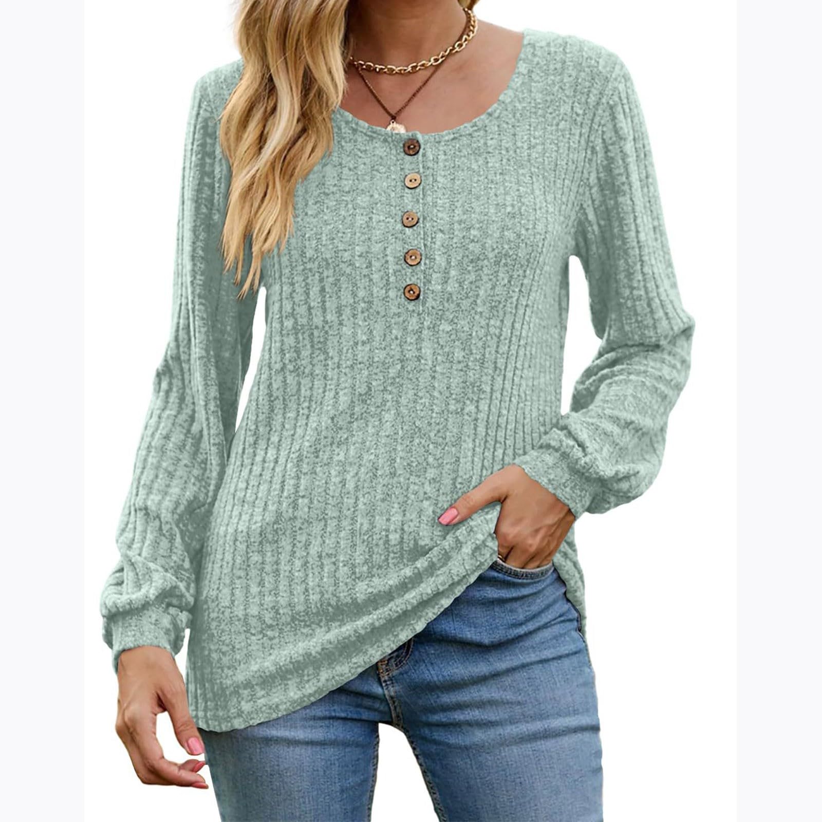 2024 Pulls Femme Décontractés Léger Tunique à Manches Longues Sweatshirts Chic et Élégant Bouton Couleur Unie Pullover Haut Tops Automne Hiver Confort Chaud Col V Casual Mode Sweat T Shirts Blouses