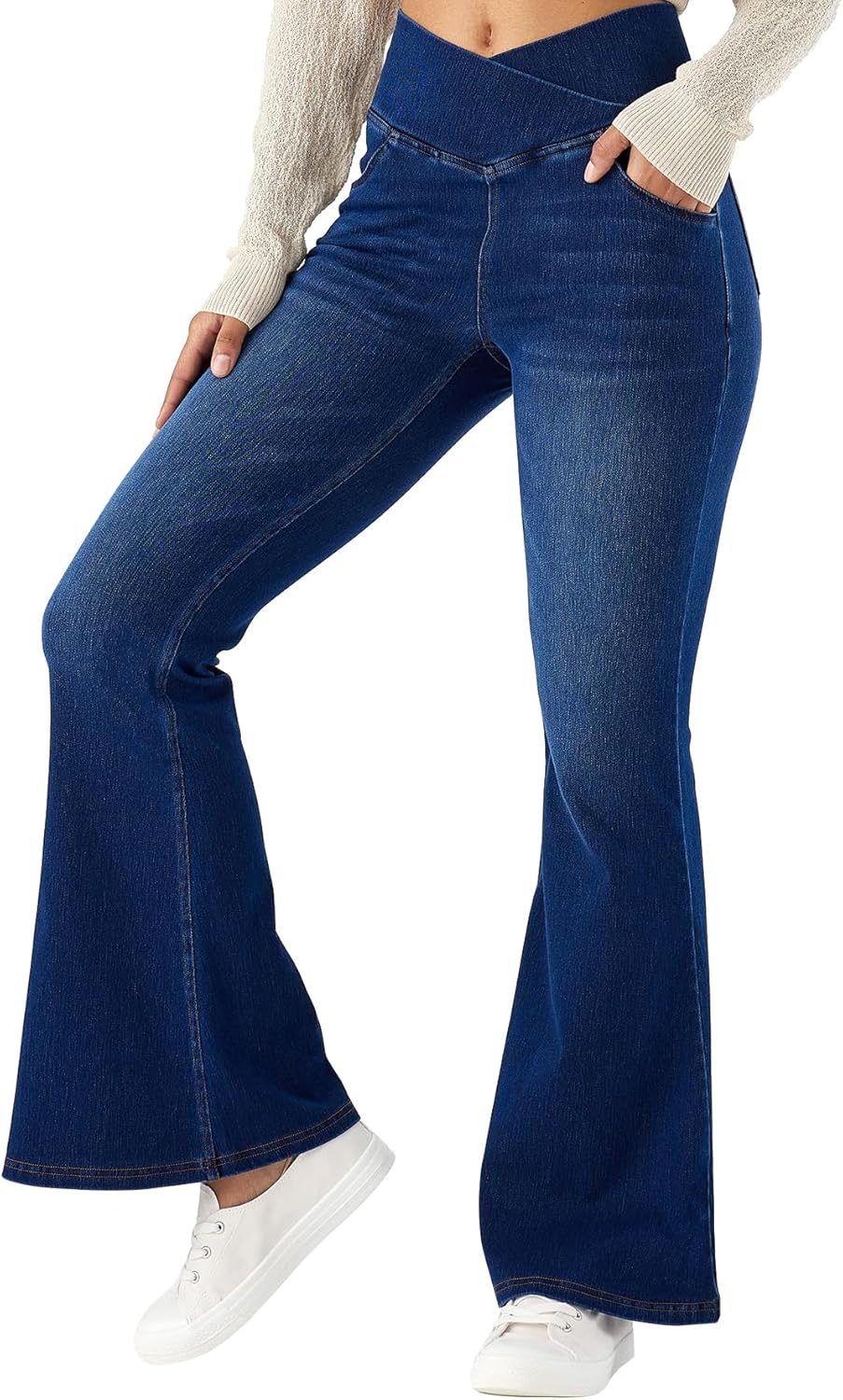 MONCCIZA Bell Bottom Jeans for Women High Waisted Stretchy Flare Jeans Pull On Crossover Wide Leg Flared Pants with Pockets
