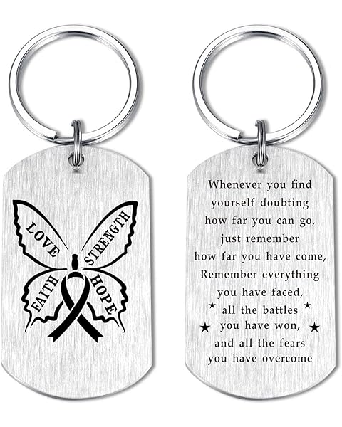 Laluminter Breast Cancer Survivor Keychain - Mental Strength Gifts - Butterfly Memorial Gift for Anxiety Relief - Black Ribbon Courage Token for Women