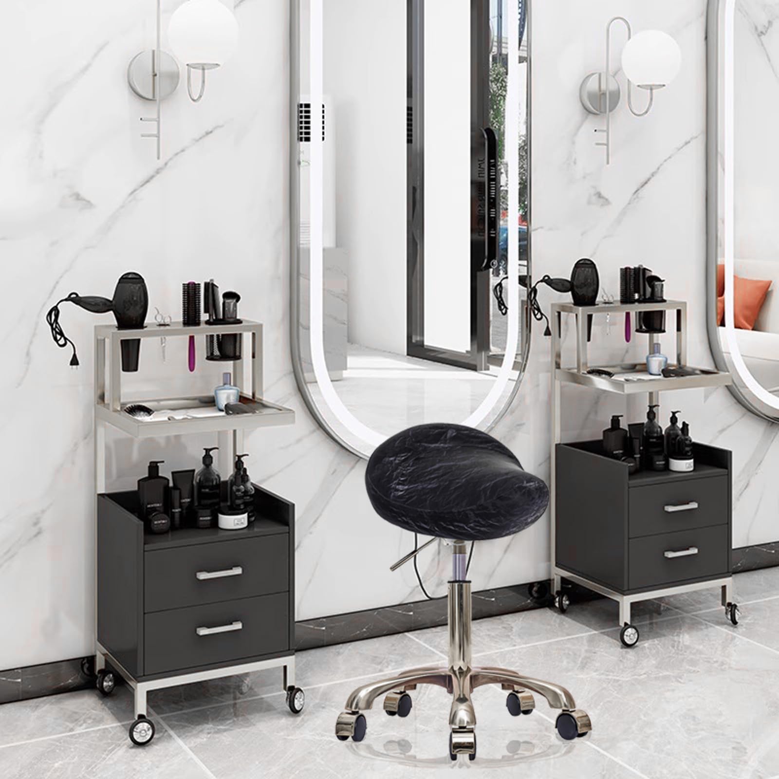 Taburete de Montar, Ergonómico Taburetes con Ruedas Altura Ajustable, Giratorias PU Cuero Giratorias Silla para Peluquería y Tatuajes (Plateado + Negro, Sin Espalda)