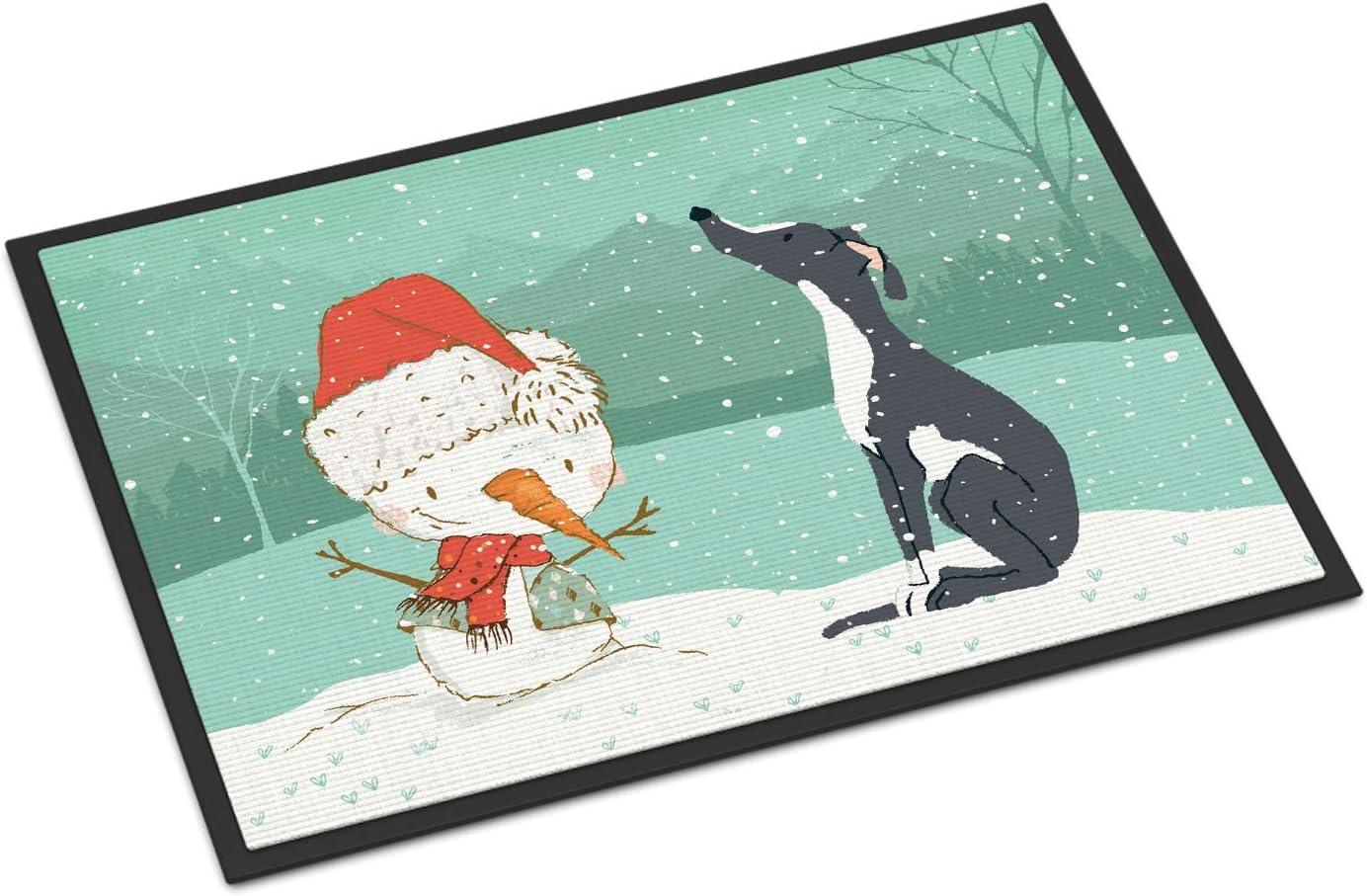 Caroline's Treasures CK2044MAT Black Greyhound Snowman Christmas Doormat 18x27 Front Door Mat Indoor Outdoor Rugs for Entryway, Non Slip Washable Low Pile, 18H X 27W