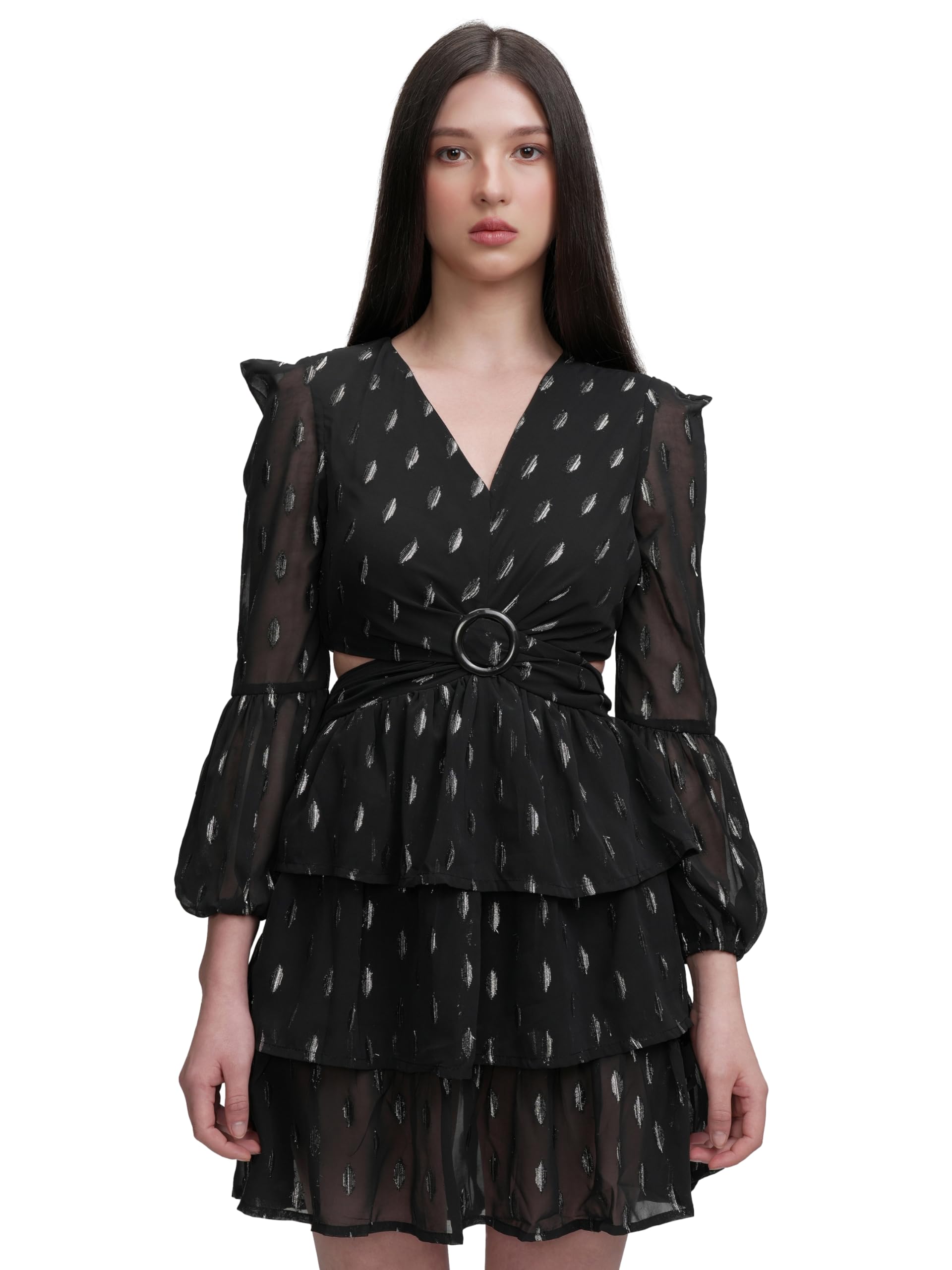 tokyo talkies Women's Chic Cut-Out Ruffle Dress with Long Bishop Sleeves A Playful Yet Elegant Short Dress for Every Occasion-picture-14