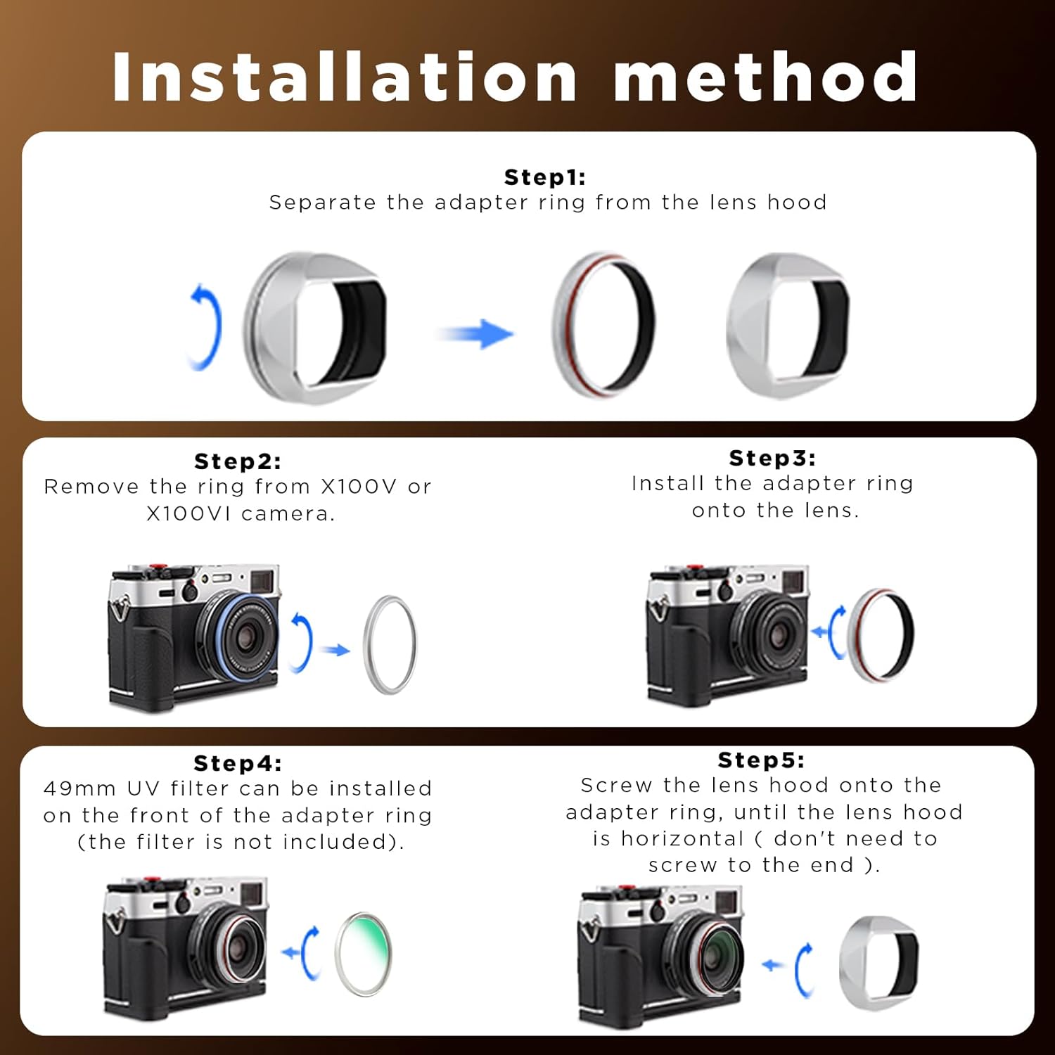 Haoge Square Metal Lens Hood for Fujifilm X100VI Fuji X100V X100F X100T X100S X70 Camera Silver with 49mm UV Filter Adapter Ring LH-XVI100S - Image 8