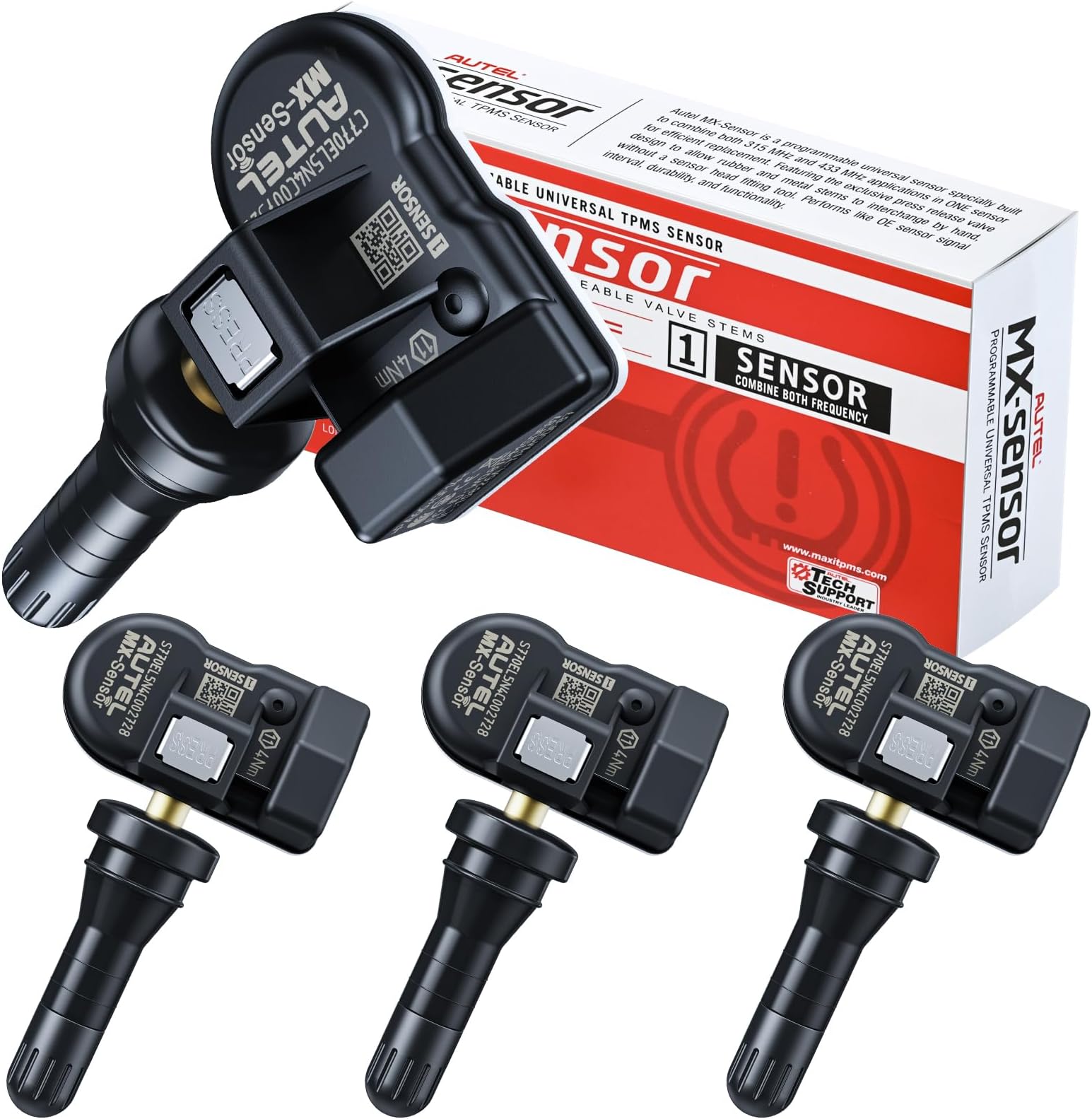 Autel TPMS Sensors MX-Sensor 2 in 1 (315MHz + 433MHz), Same as OE Sensors for All Cars, 100% Cloneable TPMS Programmable Sensors for Tire Pressure Monitoring System (Rubber Valves Set of 4 Pieces)