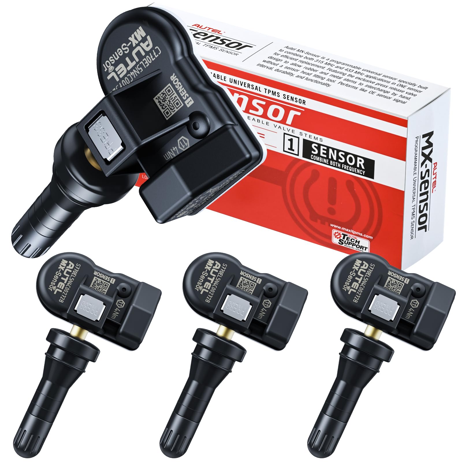TPMS Sensors MX-Sensor 2 in 1 (315MHz + 433MHz), Same as OE Sensors for All Cars, 100% Cloneable TPMS Programmable Sensors for Tire Pressure Monitoring System (Rubber Valves Set of 4 Pieces)