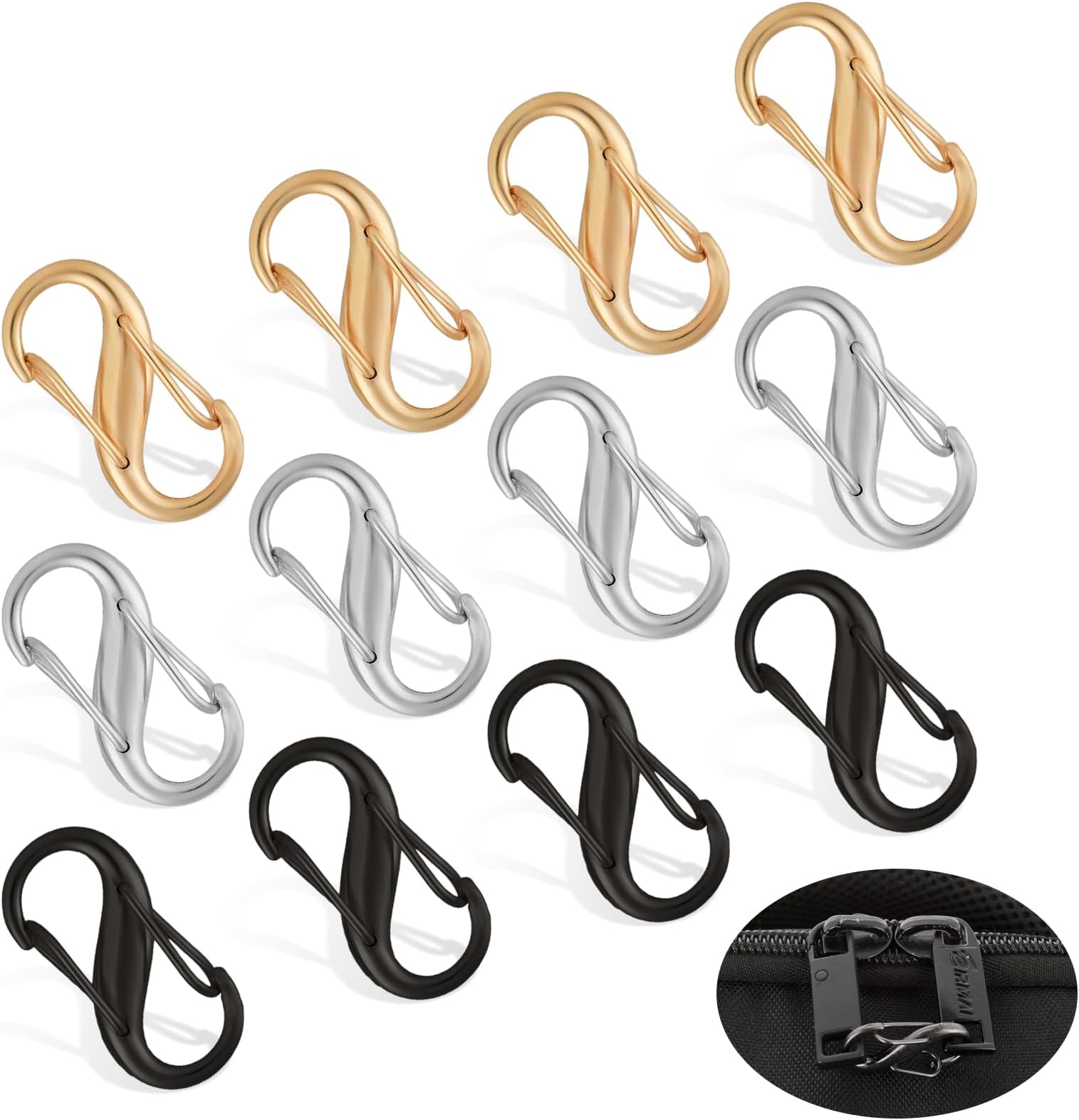 12 Piece Zip Puller Replacement Zipper Pulls, Anti-Theft Zipper Lock Clips, Dual Opening Spring Clips, Small Carabiner Clips For Camping Fishing Traveling Outdoor Sports
