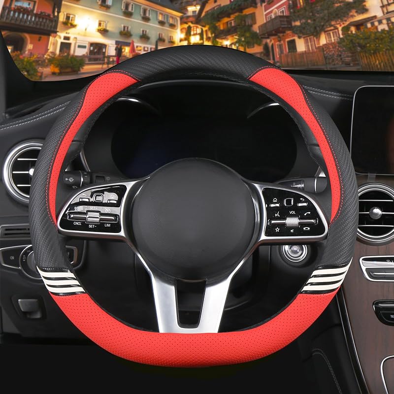 Capa para Volante D-Shape com Orelhas, Couro Sintético e Fibra de Carbono Preta e Vermelha Binsheo
