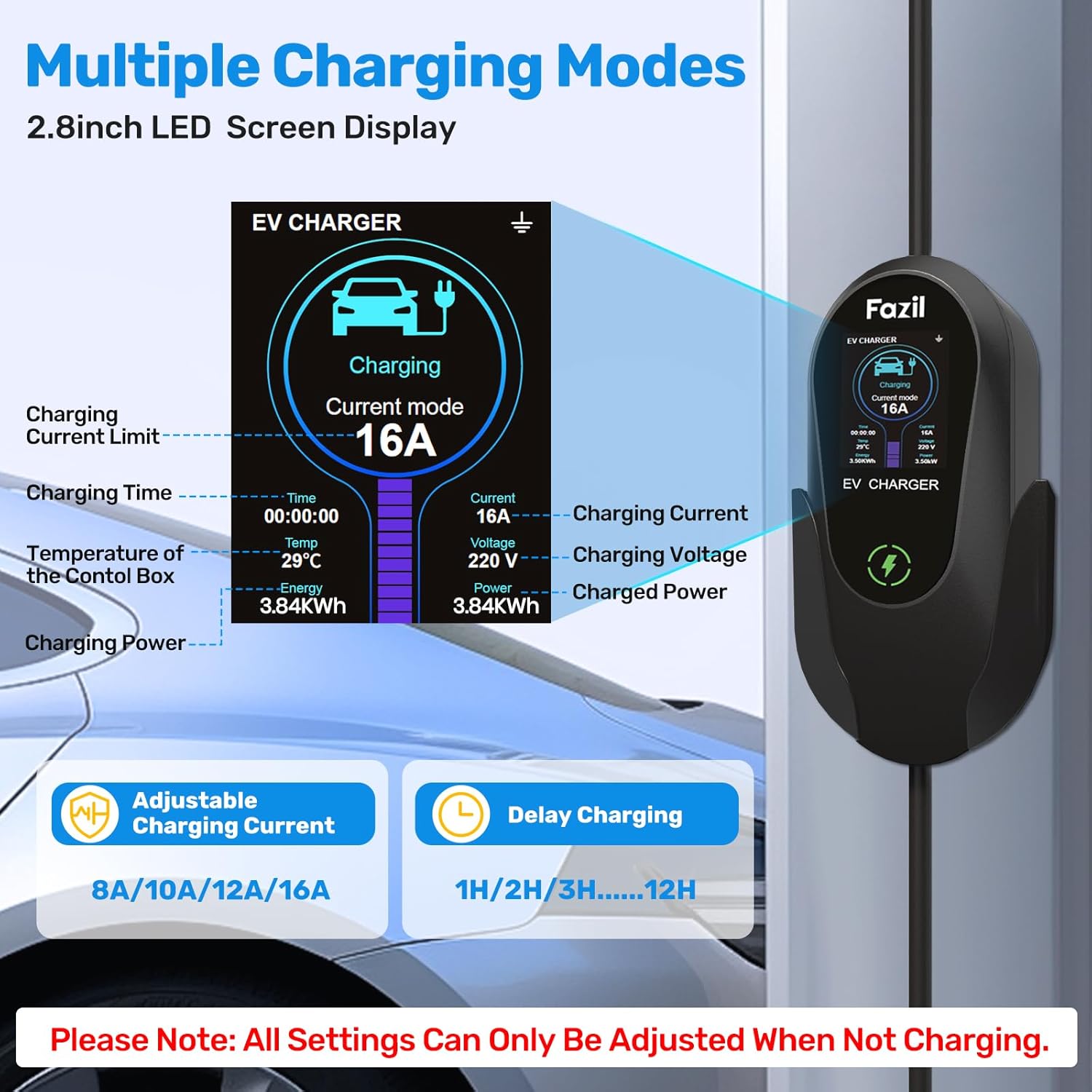 Level 1 &2 EV Charger, Electric EV Charger with 26FT Cable,16Amp, Adjustable Current 12H Smart APP, NEMA 6-20 & NEMA 5-15 Adapter, Carry Bag, Compatible with J1772 Evs