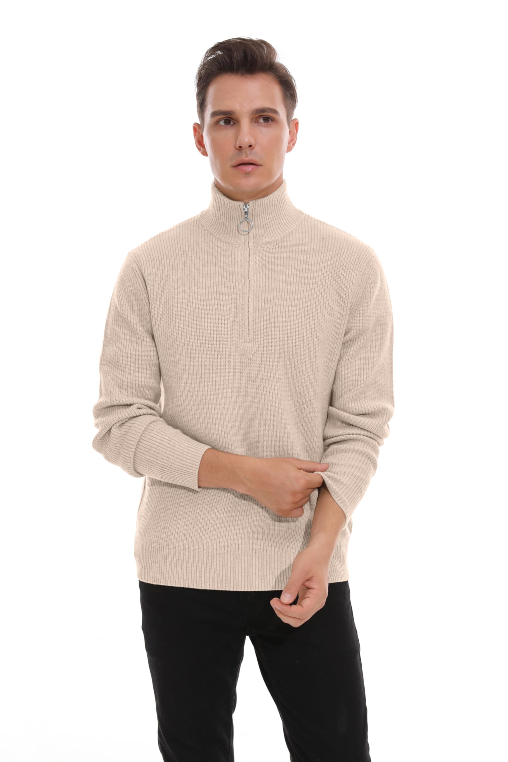 Hisir Pull Homme en Tricoté 1/4 Zip Pullover Sweater, Pull d'hiver Doux et Confortable pour Homme Pulls pour Homme avec Col Montant et Fermeture à Glissière