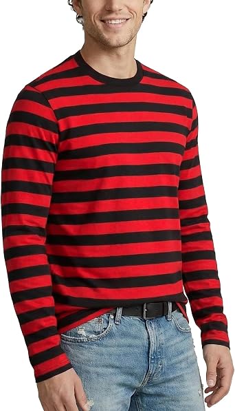 Zengjo Men's Casual Cotton Spandex Striped Crewneck Long-Sleeve T-Shirt Basic Pullover Stripe tee Shirt
