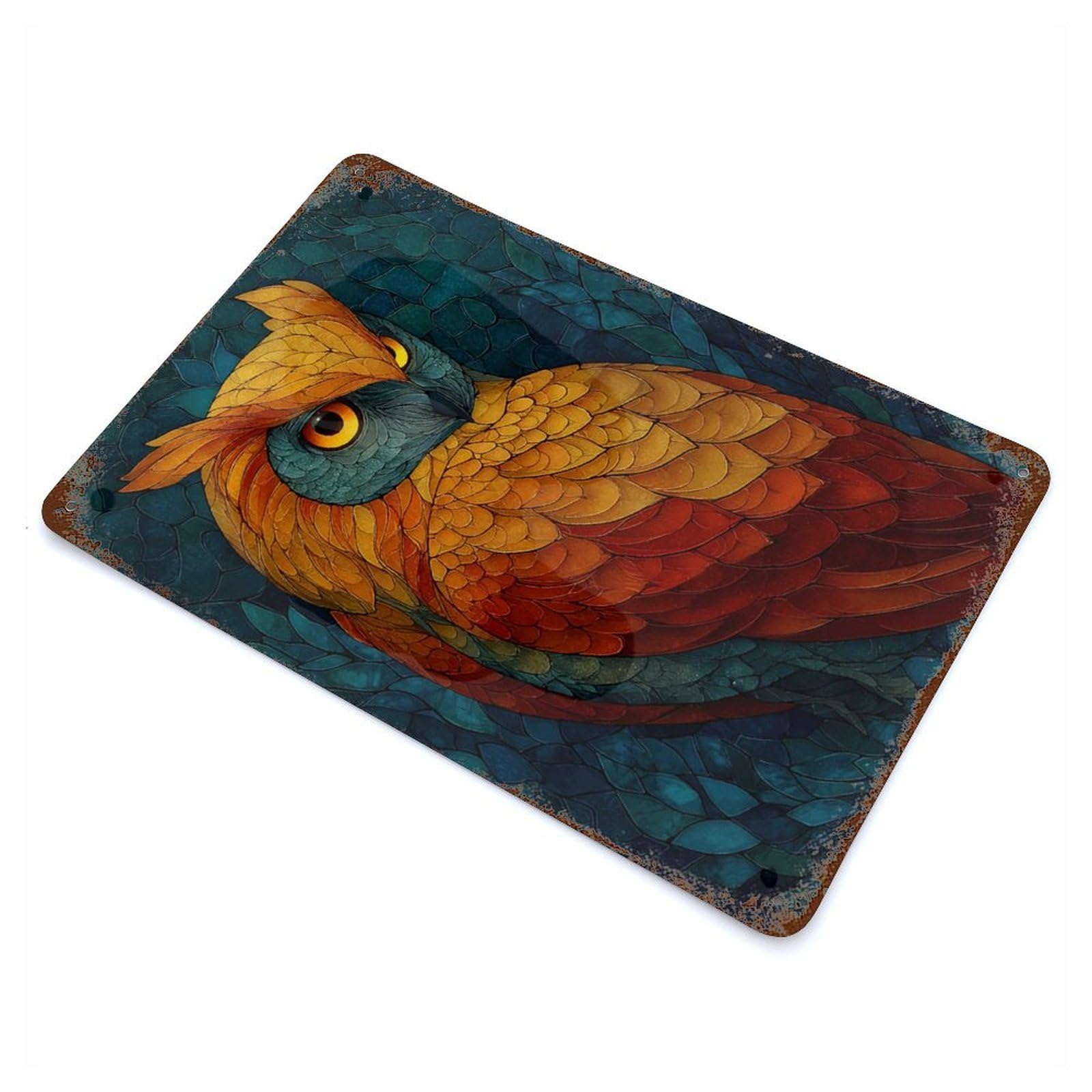Rust Effect Colorful Owl Portrait Distressed Metal Wall Sign 11.8"x7.9", Farmhouse Wall Decor for Office, Studio And Wall Decor