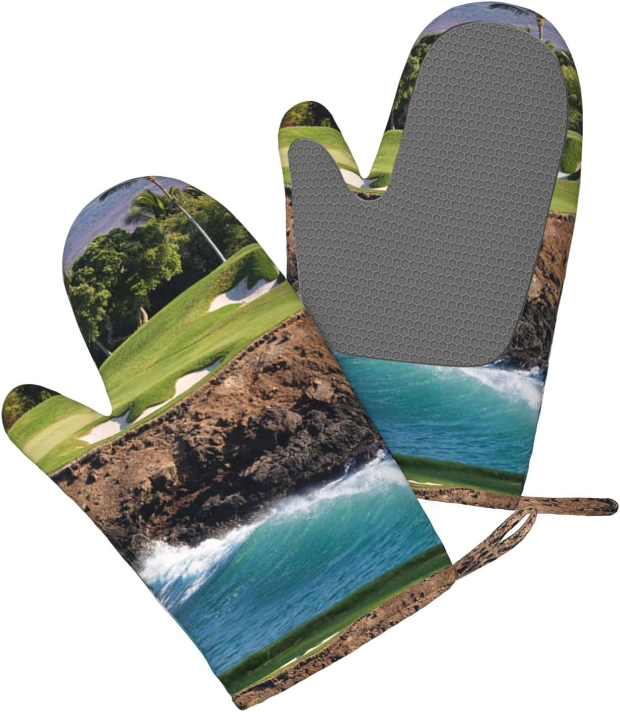 Hawaii Beach Golf Course Oven Mitts and Pot Holders Set of 4 Heat Resistant Kitchen Gloves with Silicone Palm Hot Pads for Baking Cooking Grilling BBQ