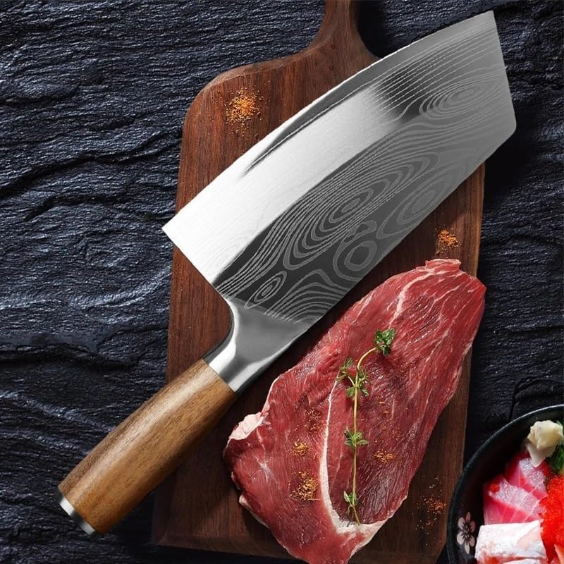 Miniatura 3 de Cuchillo de carnicero de carne, cuchillo de cocina de 7.5 pulgadas con patrón láser de damasco, cuchillo de chef chino de acero inoxidable, cuchillo