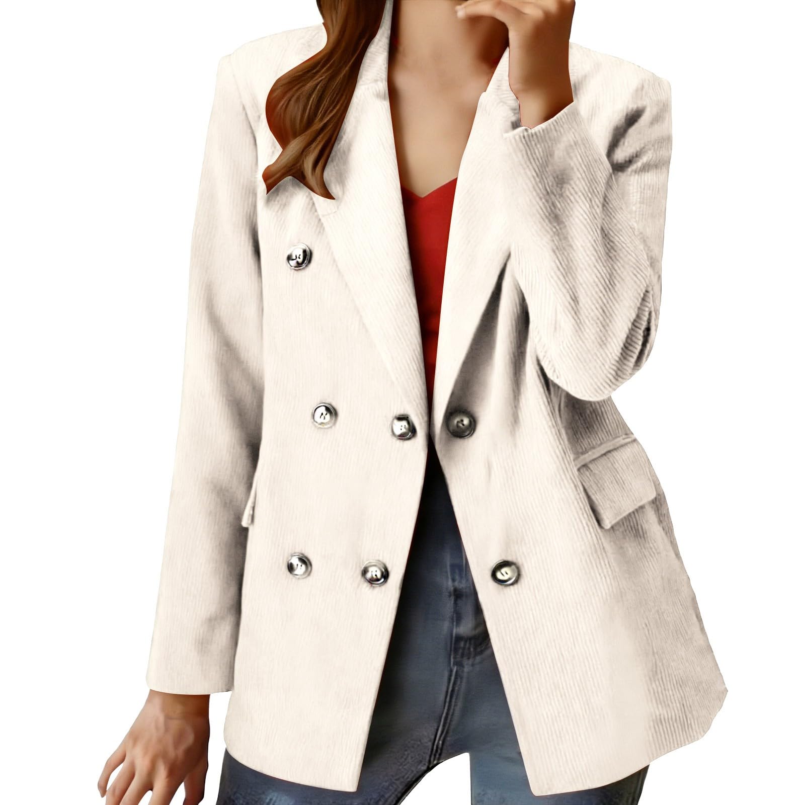 Generisch Blazer traditionnel moderne à double boutonnage en velours côtelé pour femme, cintré, marron, veste de costume, veste d'affaires, veste vintage en velours côtelé, pour le travail, le bureau