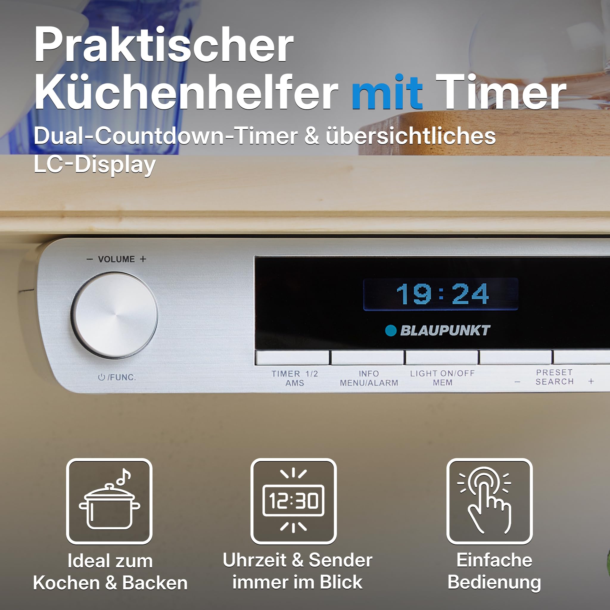 Blaupunkt KRD 30, Bluetooth Küchenradio mit DAB+, UKW PLL, Multidisplay, Senderspeicher, Unterbau Digitalradio mit Uhr, LED Licht, 2 Back Timer, Werkstatt Unterschrank Radio, Silber