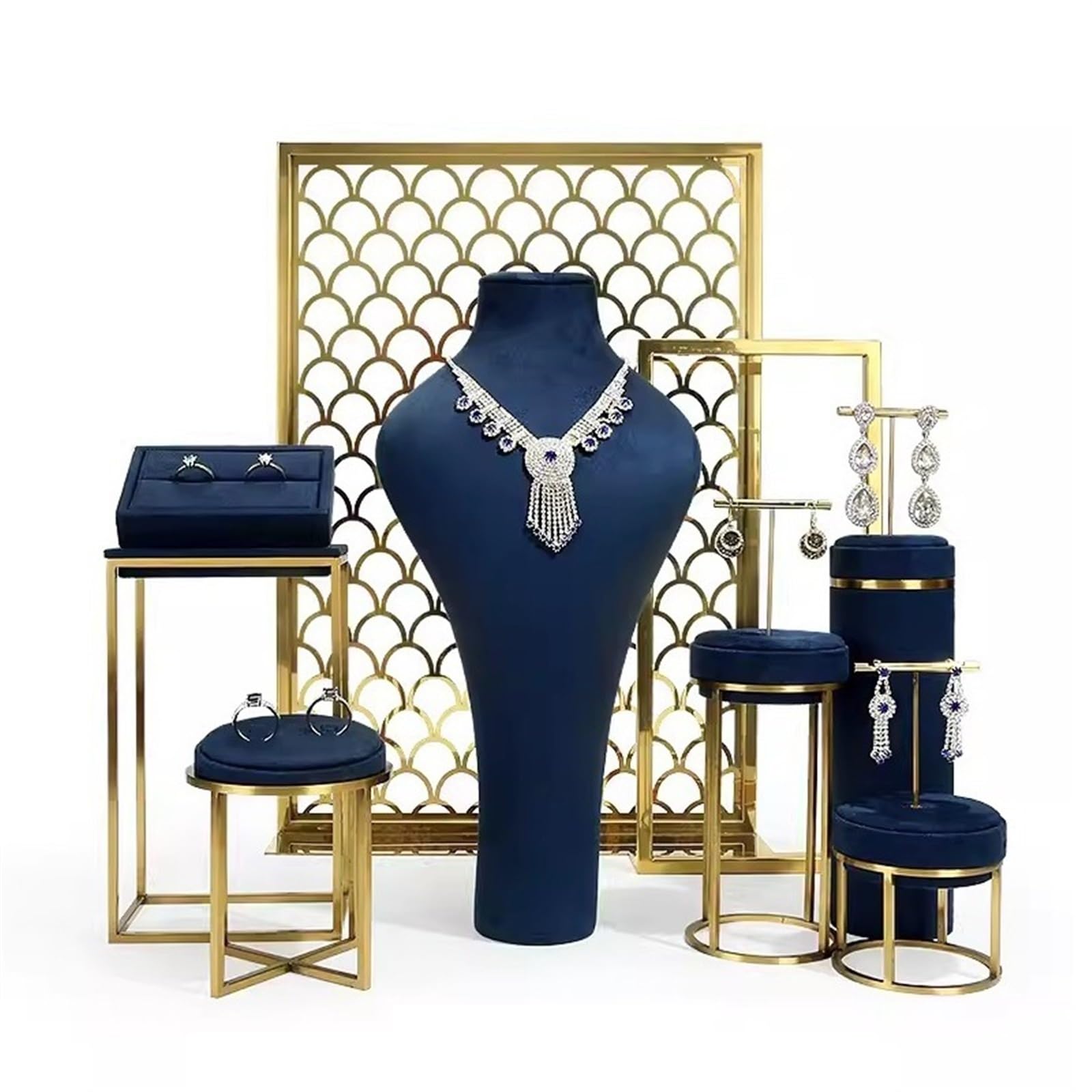 Jewelry Display Mannequin Biżuteria Manekin Materiał Superfiber Metalowa podstawa Niebieskie luksusowe opakowanie Stojak z uchwytem na biust Organizator na naszyjnik pokazowy ( Color : Suit5 )