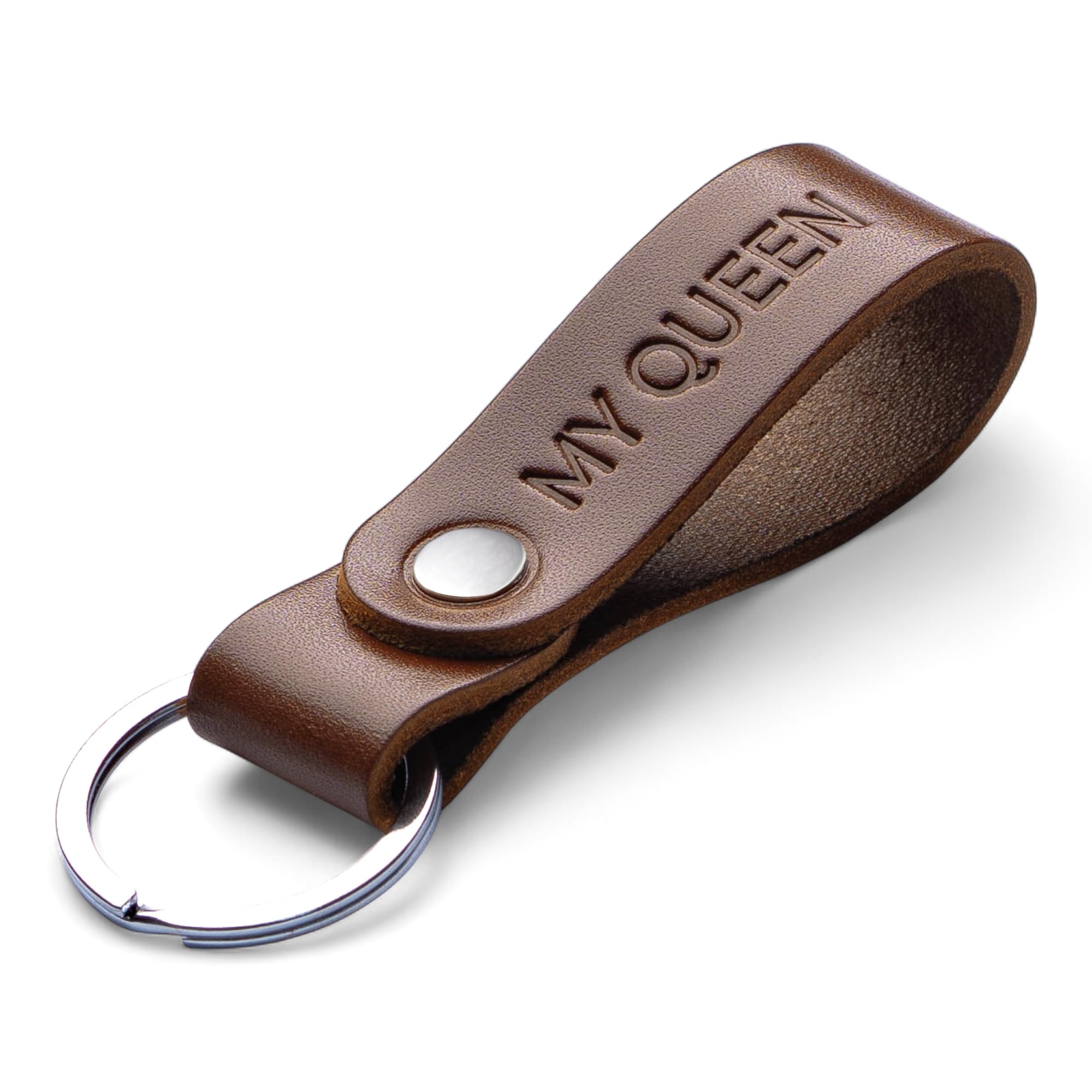 MAGOR Handmade Full Grain Leather Keyring Personalised Keychain for Men Women Car Keys Gift for Him Her Dad Husband Premium Hot Embossed Brown Leather Loop in Gift Box (MY QUEEN)