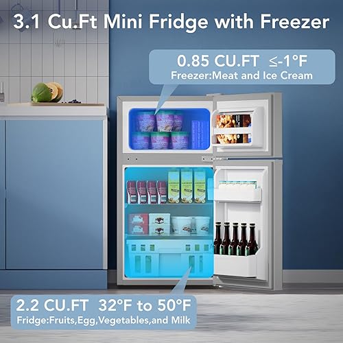 Miniatura 2 de Refrigerador pequeño de 3.1 pies cúbicos con congelador, refrigerador compacto con 2 puertas, mini refrigerador con estantes de vidrio extraíbles