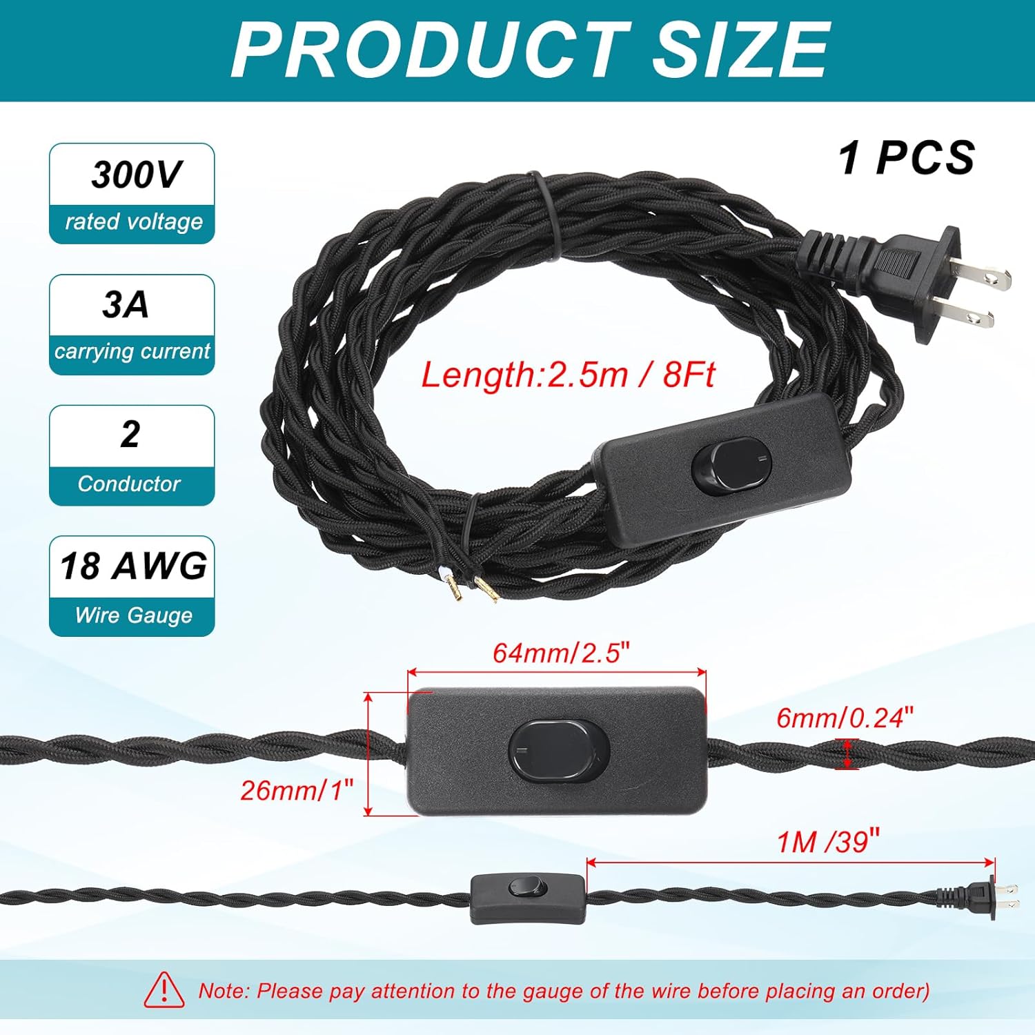 uxcell 8Ft 18/2 Twisted Cloth Covered Lamp Cord, Vintage Fabric Electrical Wire with Switch Button and Plug Stripped Ends Ready for Extension Wiring DIY Repairing, Black Black 8Ft image 2 of 7 B0DSPYR54D