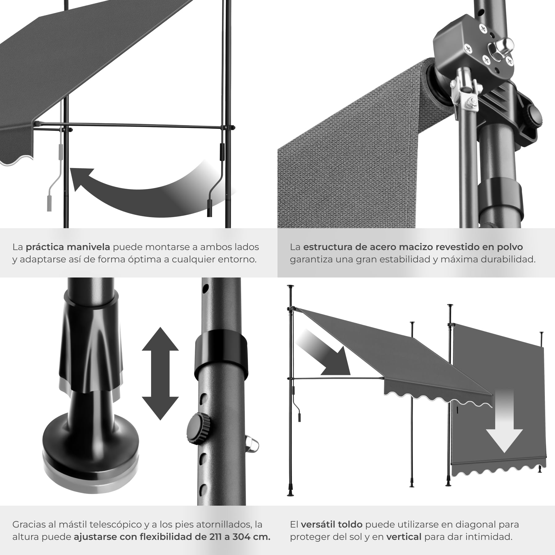 tectake® Toldo Terraza Manual Regulable en Altura con Manivela, Toldo Balcón sin Taladros, Extensible Terraza, Resistente a Rayos UV, Protección Solar y Repelente al Agua - 200 cm - Negro/Gris
