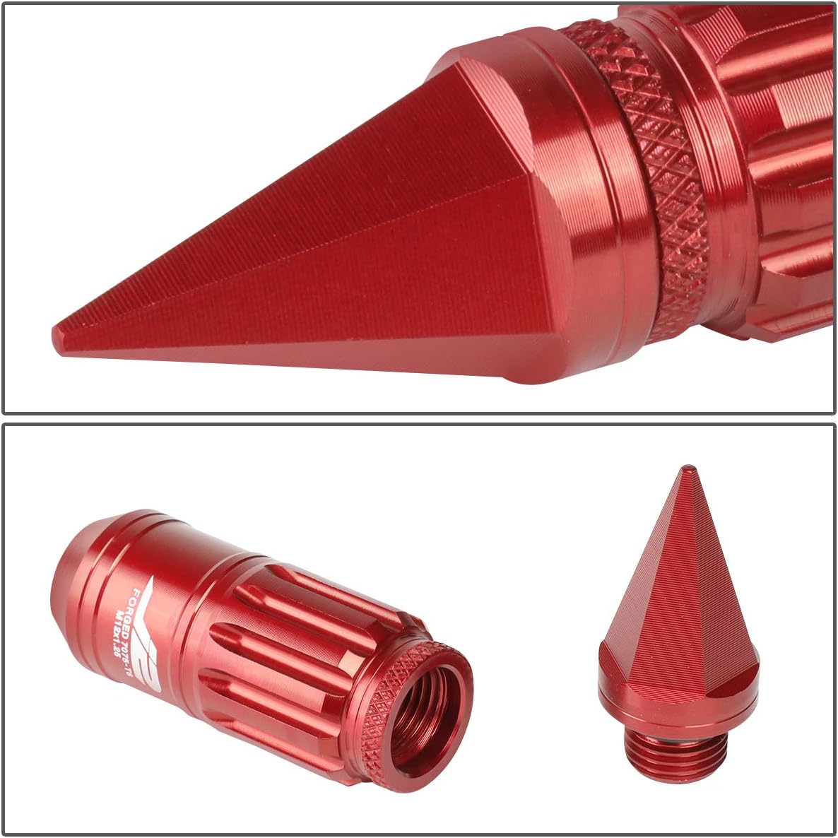 J2 Engineering LN-T7-012-125-RD 7075-T6 Aluminum M12 x 1.25 16Pcs 80mm Tall Spiky Cap Lug Nut w / 4Pcs Lock+Key Red