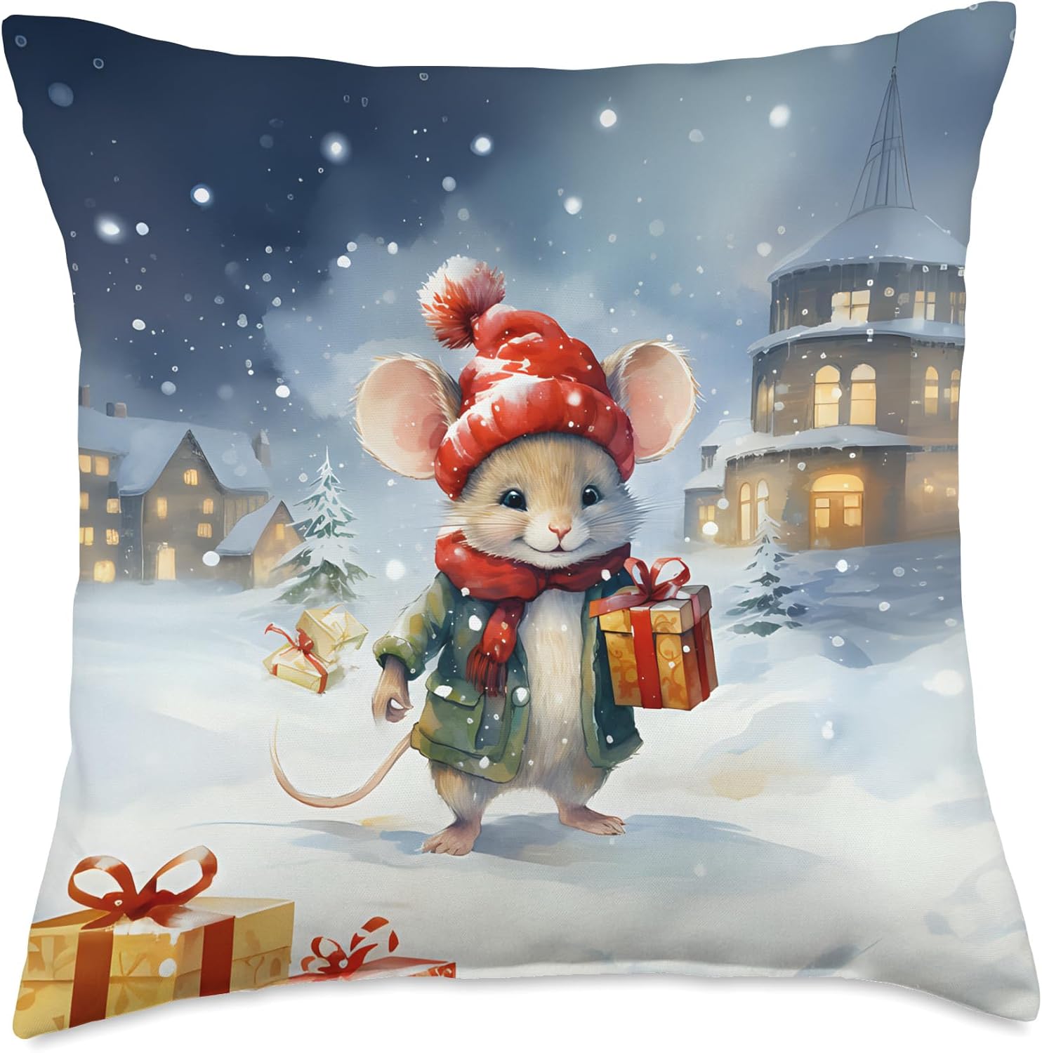 Mouse in a Christmas Hat Holiday Mouse Throw Pillow