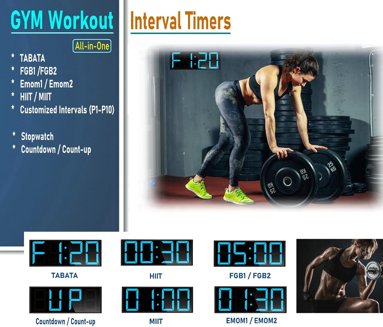 17.3'' Extra Large Home Gym Timer Clock, Programable Workout Interval Timer, Digital Wall Clock, with 7-Color Night Light, 8 Alarm Clocks, Calendar/Temperature, Countdown & Stopwatch (Blue)