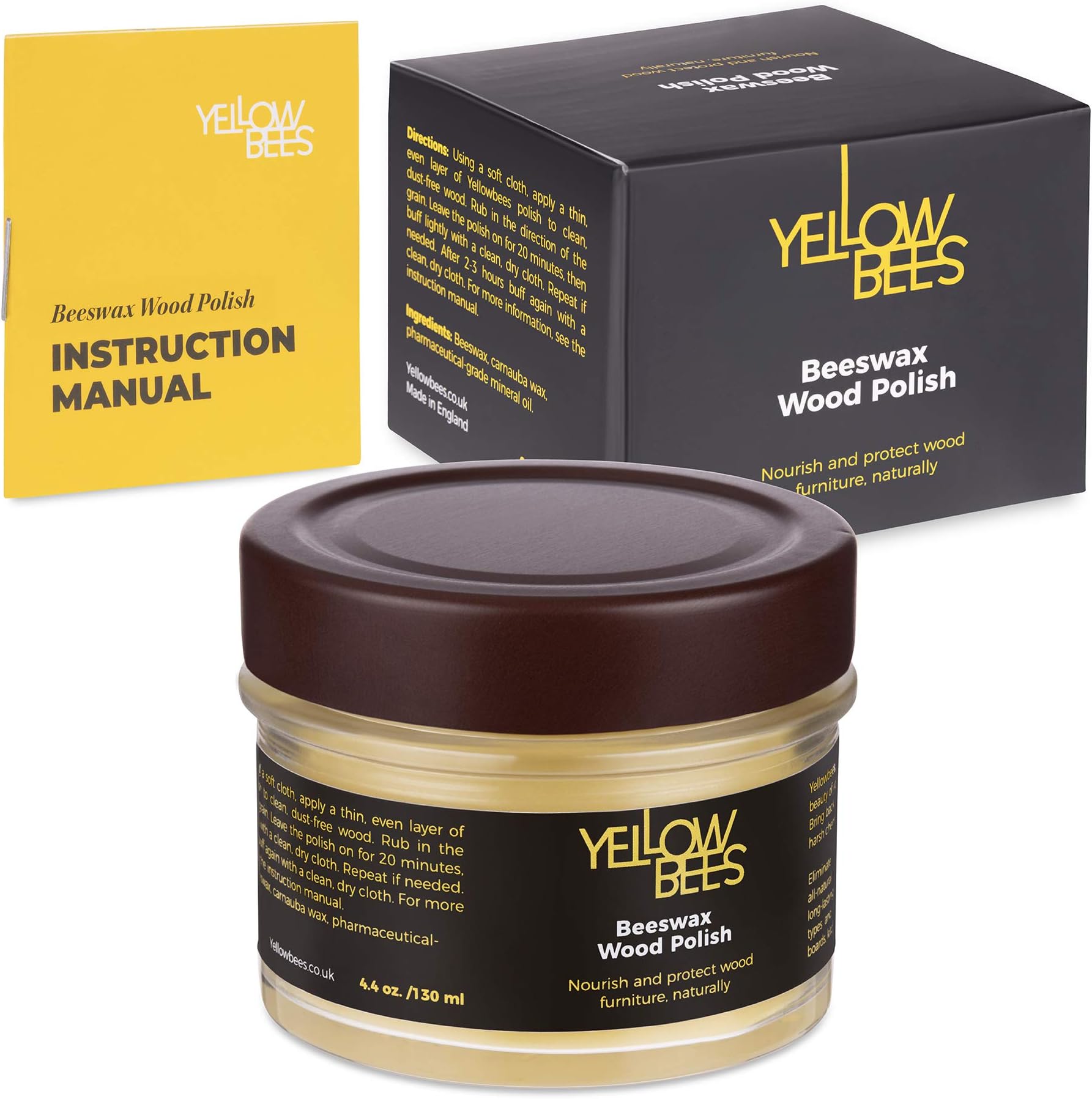 Yellowbees Natural furniture wax,beeswax polish for wood treatment - Suitable for oak, pine and all wood types dark or light- clear 130ml