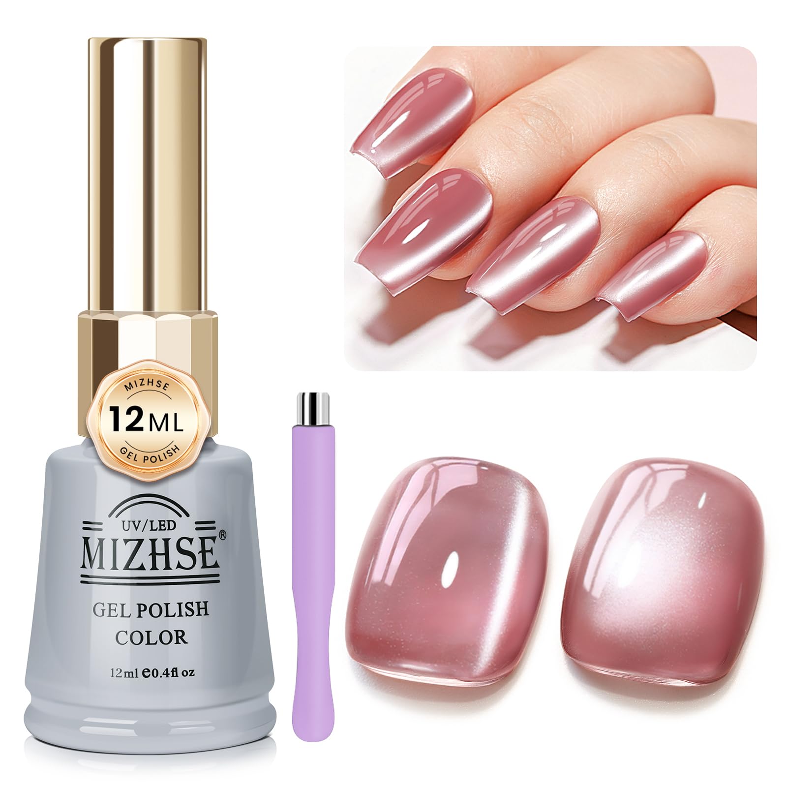 MIZHSE Nude Pink Cat Eye Gel Nail Polish, Shimmer Glitter Cat Eye Gel Polish U V LED Soak Off Gel Polish for Nail Salon Home DIY 0.4oz 12mL