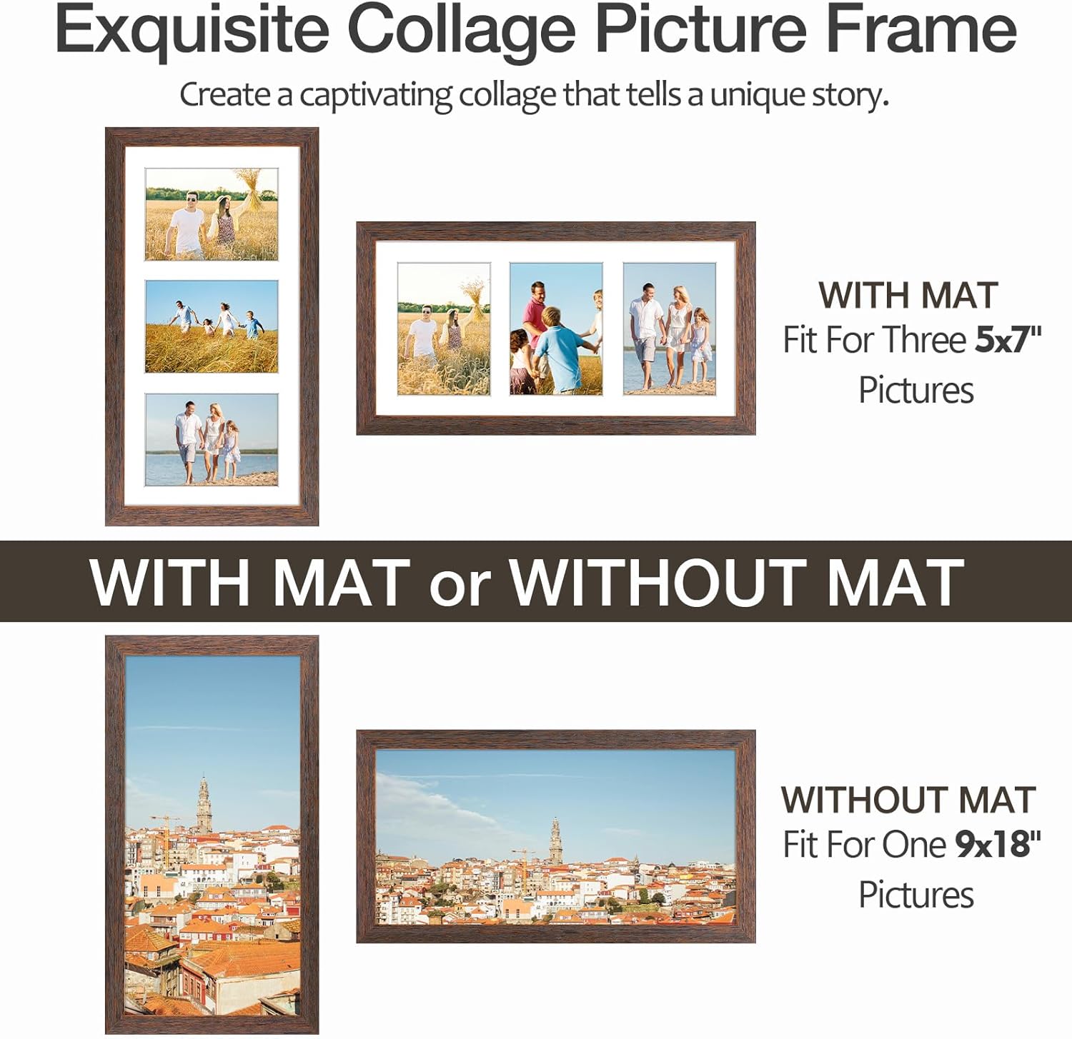 Golden State Art, 9x18 Distressed Brown Wood Frame - White Mat for Three 5x7 Pictures - Sawtooth Hangers- Swivel Tabs - Wall Mounting - Landscape/Portrait - Real Glass - Collage Frame, 1 Pack