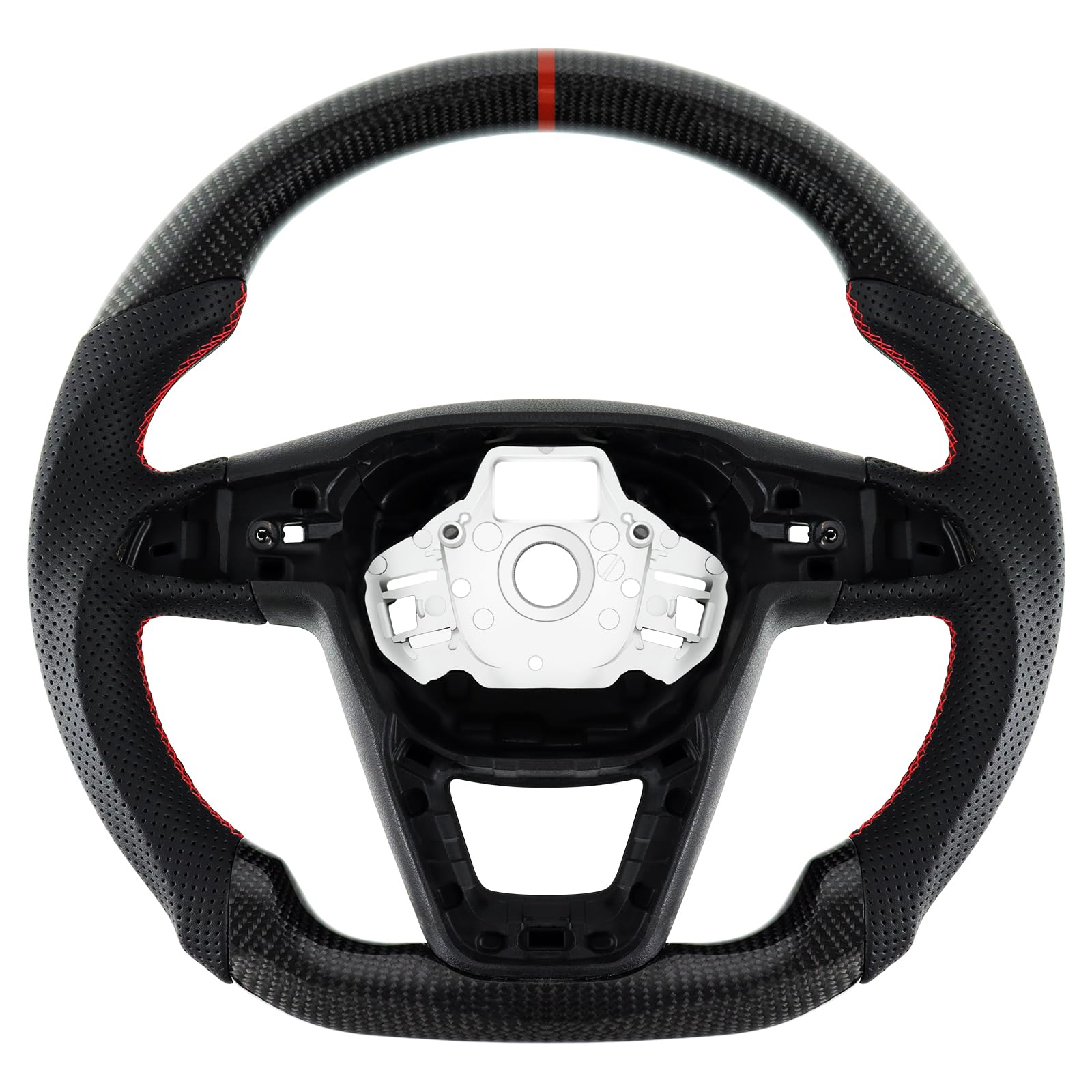 Volante de fibra de carbono, volante de cuero en forma de D, fondo plano, costuras rojas, volante personalizado, mango de cuero perforado para Seat Cupra Leon MK3 2013-2019