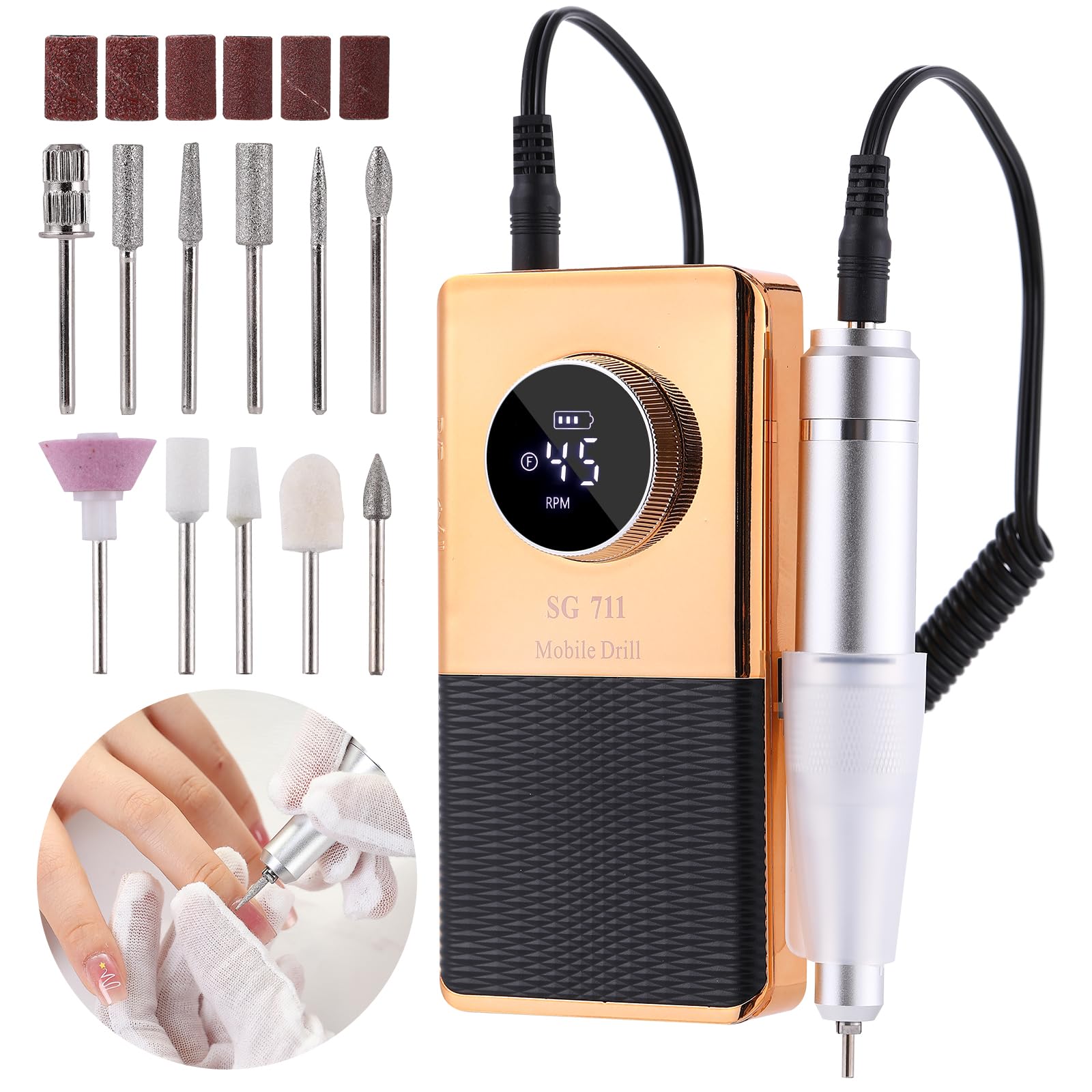 Electric 45000RPM Nail Drill Machine Rechargeable Portable Nail File Electric DIY Nail Drill Kit with Smart LCD Screen for Gel Nail Manicure and
