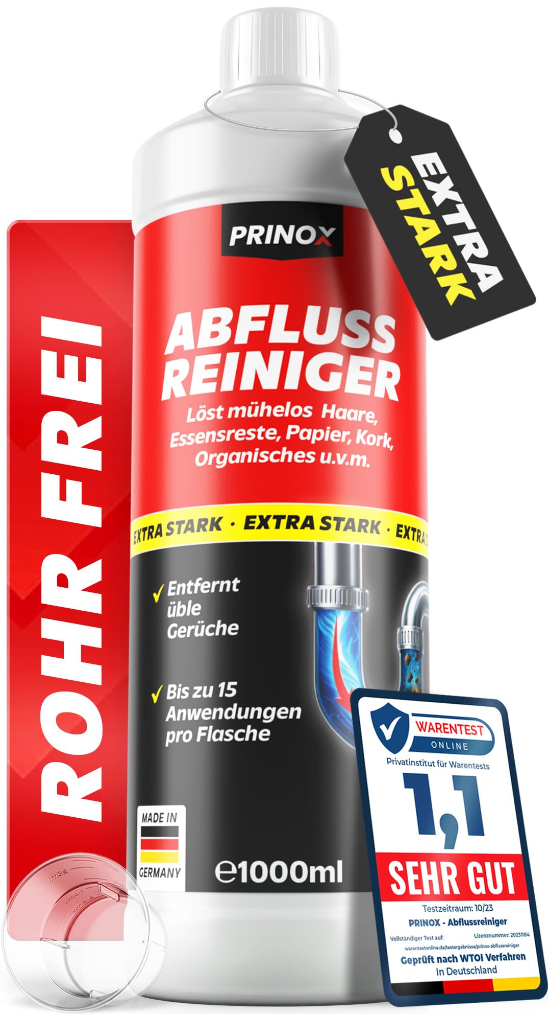 PRINOX Abflussreiniger 1000ml EXTRA STARK - Profi Rohrreiniger löst Haare, Essensreste & schwerste Verstopfungen - Rohrfrei gegen hartnäckige Verstopfungen & üble Gerüche - Biologisch abbaubar