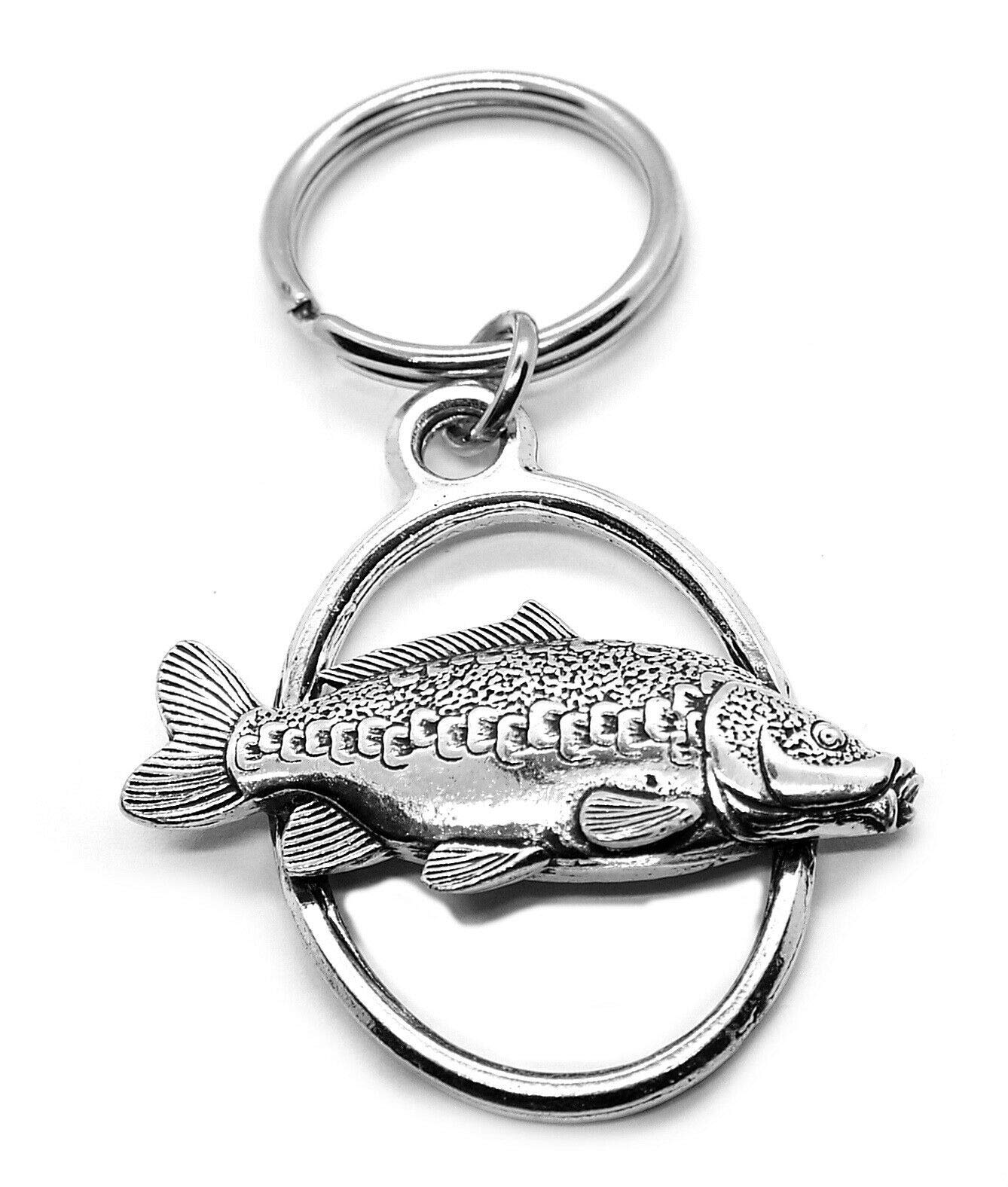 Silver Pewter Mirror Carp Fish Oval Keyring (English in a burlap pouch)