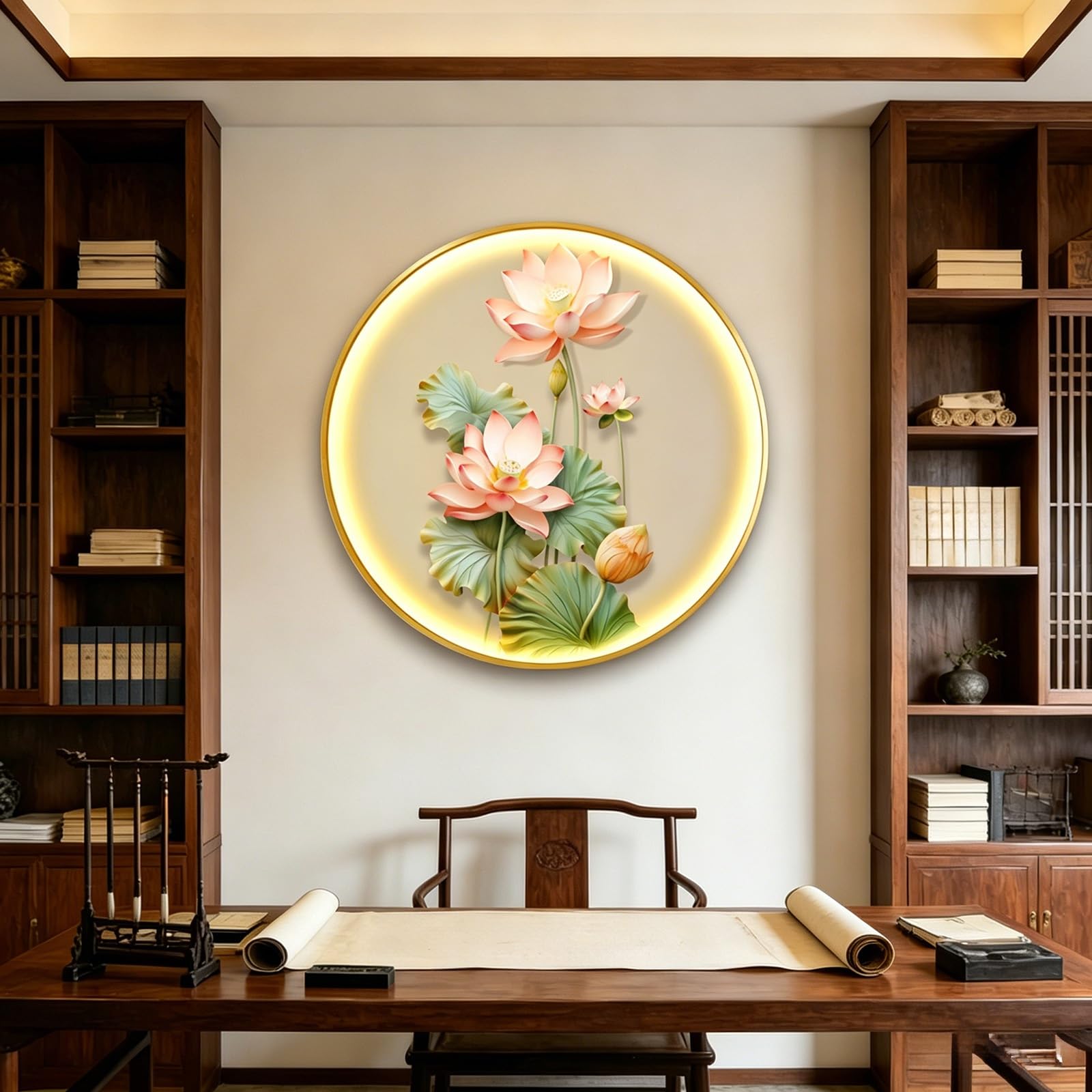 TgrGiEDenLO Sandstone 3D Wall Art with LED Lights, Round Lotus Nine Fish Wall Decor for Living Room, Modern Aesthetic Hanging Sculpture for Entryway/Hallway(C,Black,60cm/23.6in)