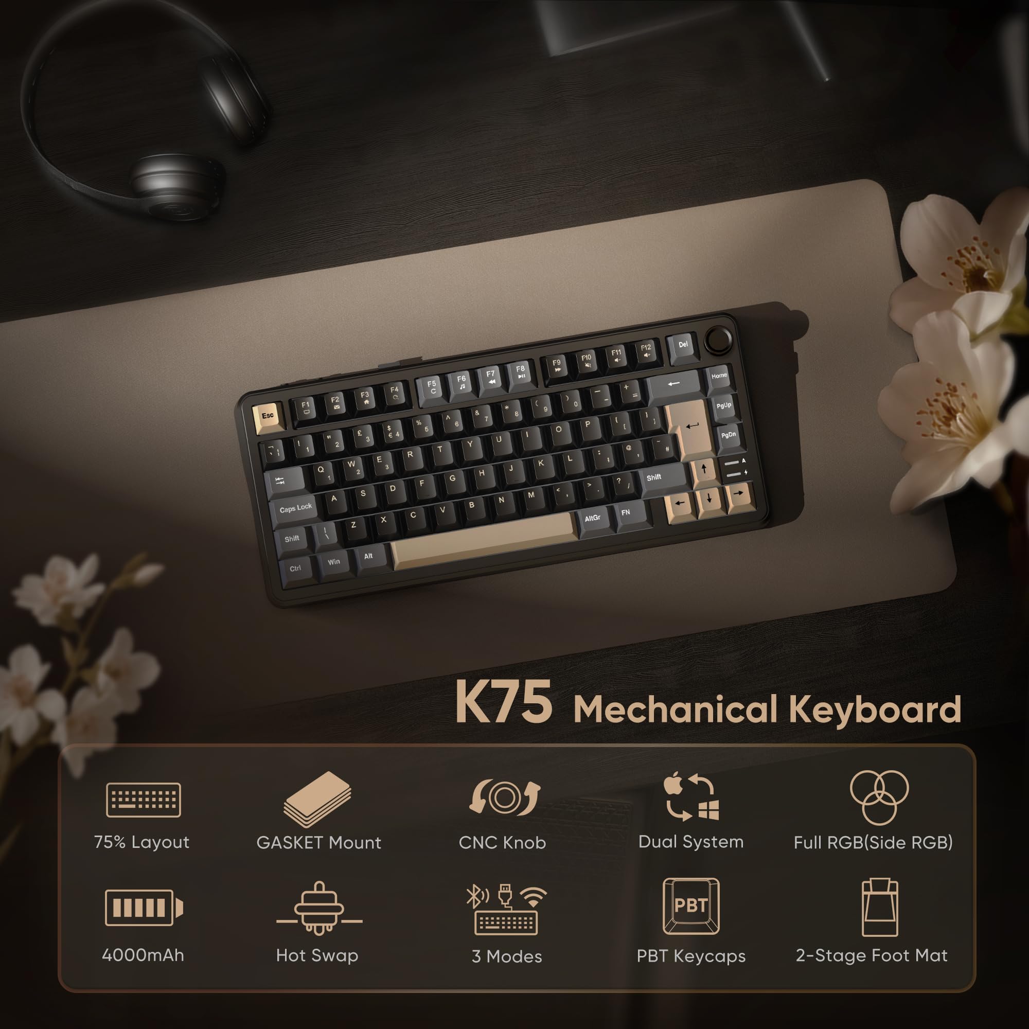 RedThunder K75 70% Wireless Mechanical Gaming Keyboard, Creamy Gasekt-Mounted,Volume Knob,Ultra Compact UK Layout 82 Keys,2.4G/BT/USB-C,RGB Underglow Lighting,Hot swappable Fast Apricot Switch