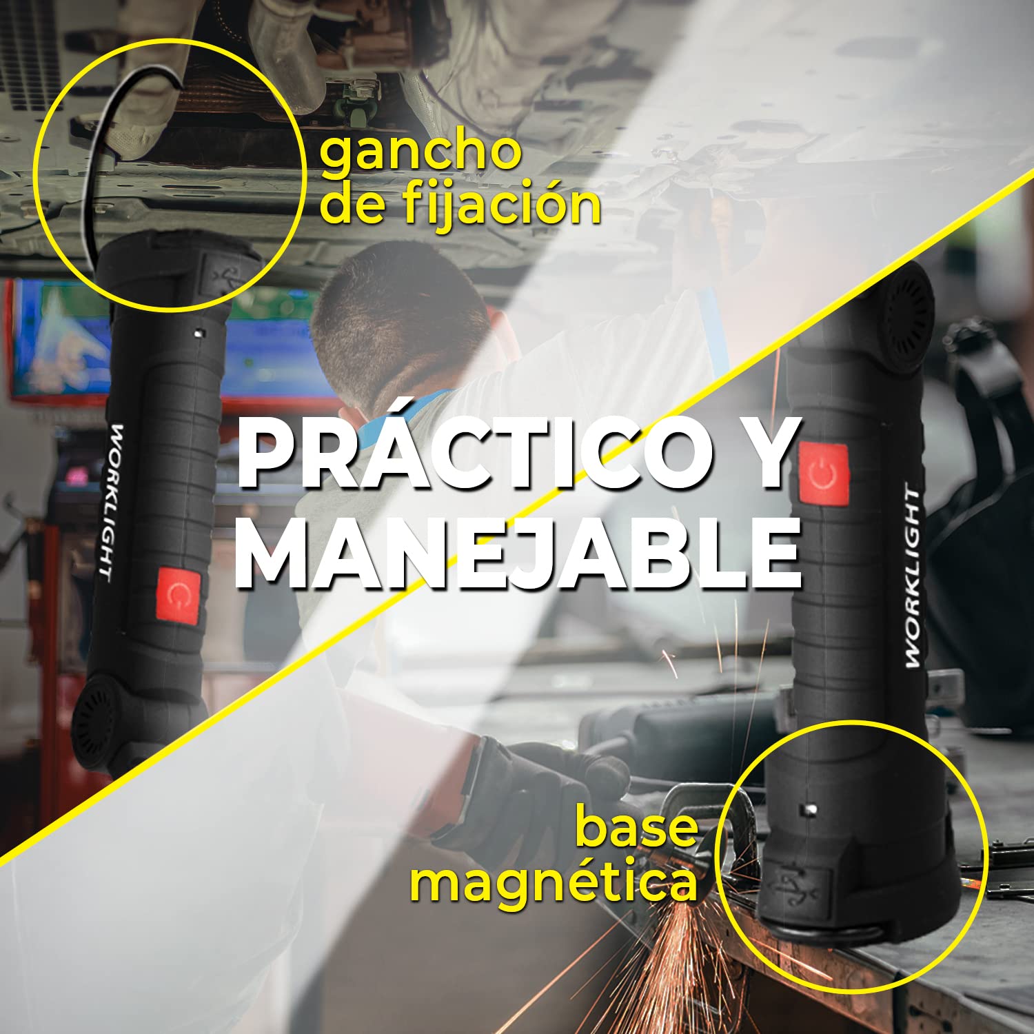 Linterna LED recargable con imán, pack de 2 lámparas de trabajo portátiles USB con gancho, giro 360°, 5 modos, luz roja y SOS para taller mecánico, coche y emergencia