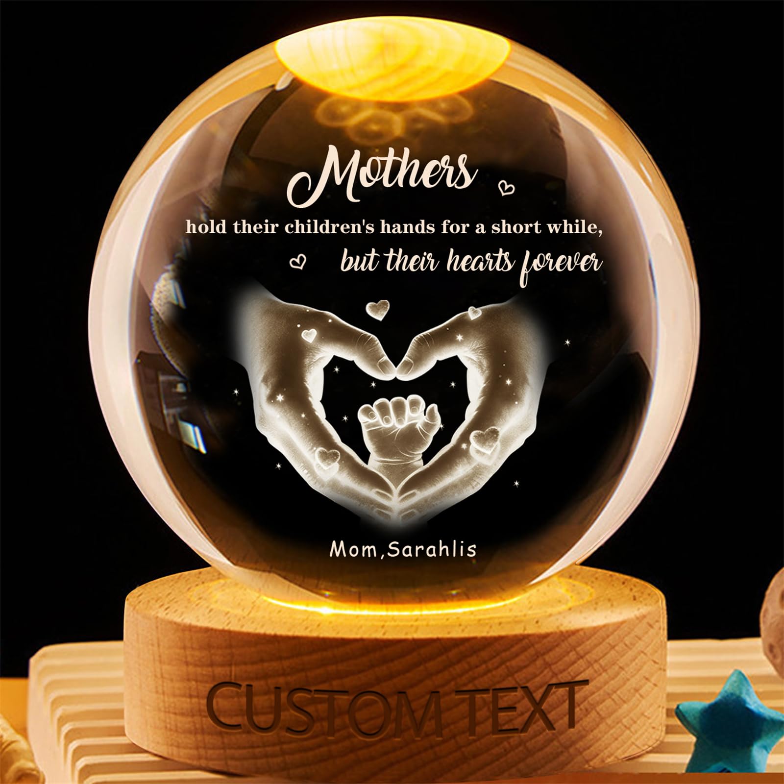 Personalized Mom and Child Crystal Ball Lamp Custom 3D Engraved Hands Crystal Ball Night Light Our First Mother's Day Glass Globe LED Night Light Family Keepsake for Dad Mom Birthday Christmas,01